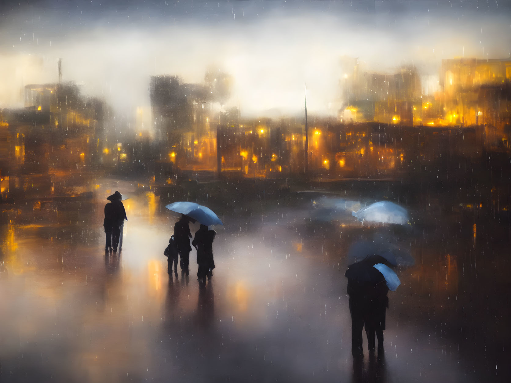 Blurred lights and silhouettes in rainy cityscape at twilight