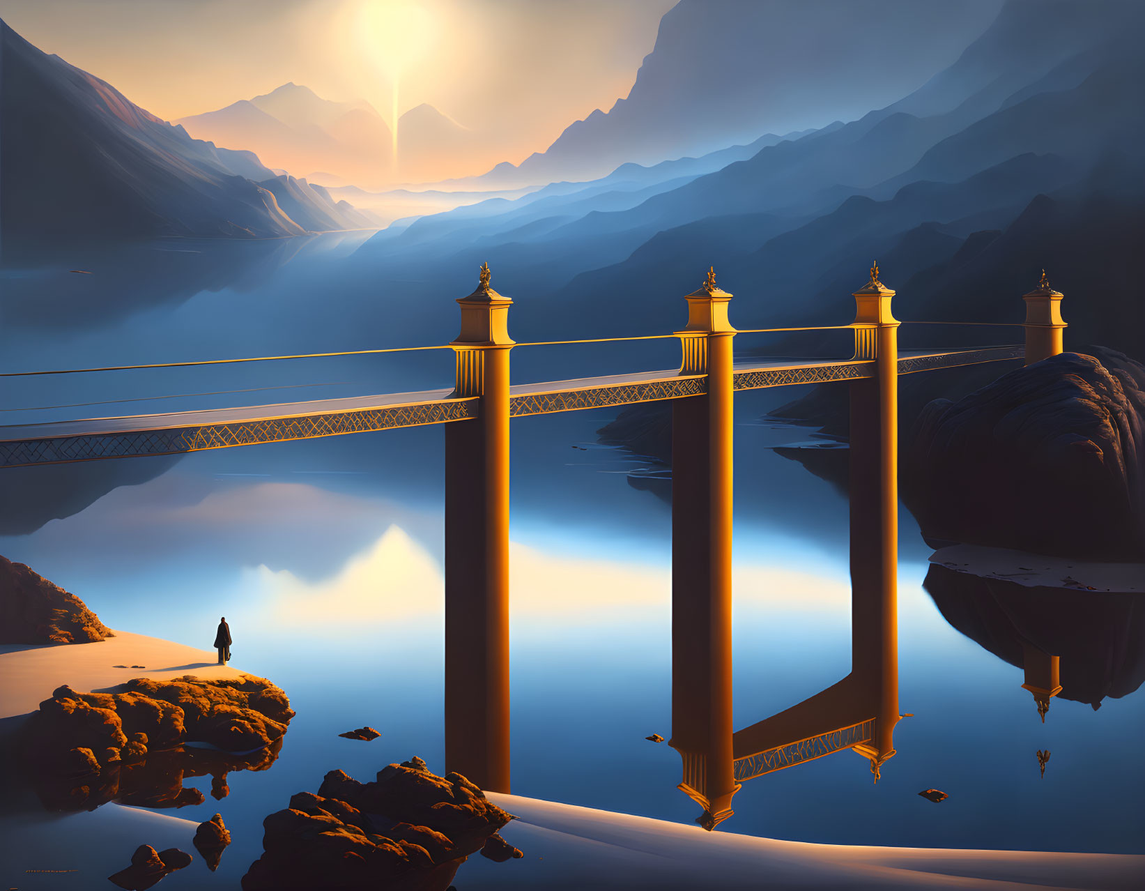 Solitary figure at grand golden bridge in mystical mountain landscape