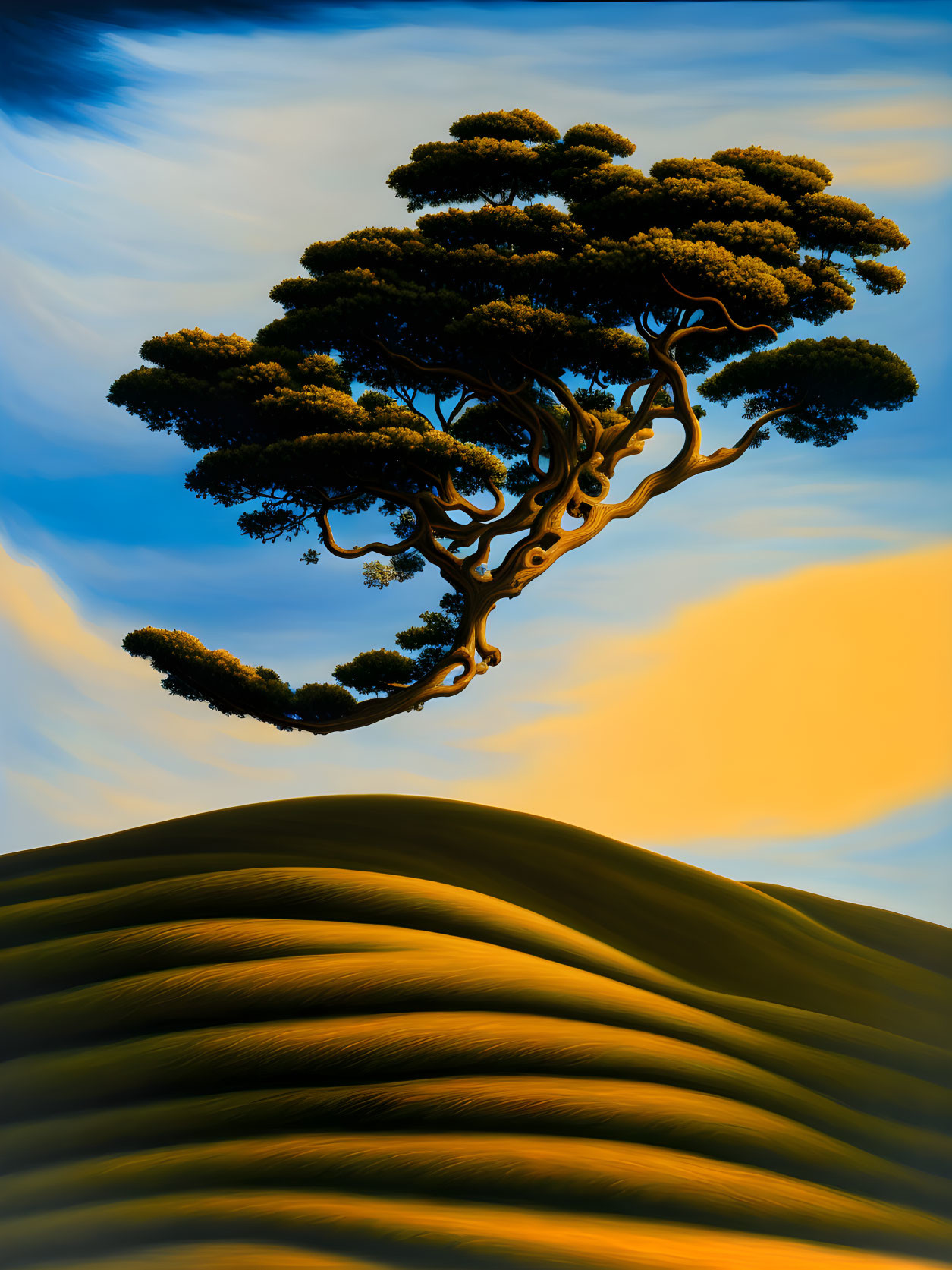 Surreal image of twisted tree on striped hills under blue sky