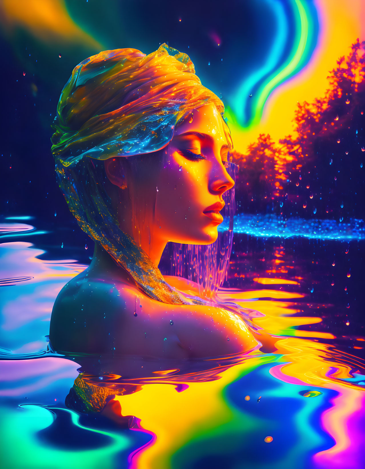 Colorful digital artwork: Woman in water with aurora backdrop