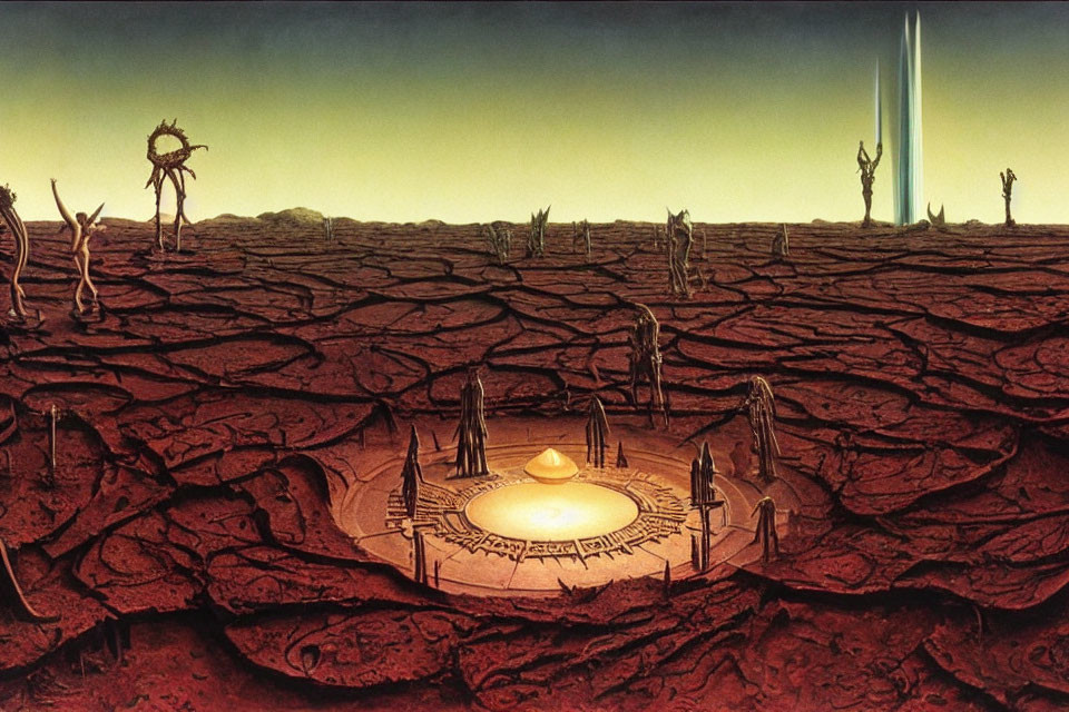 Barren landscape with cracked ground and alien structures