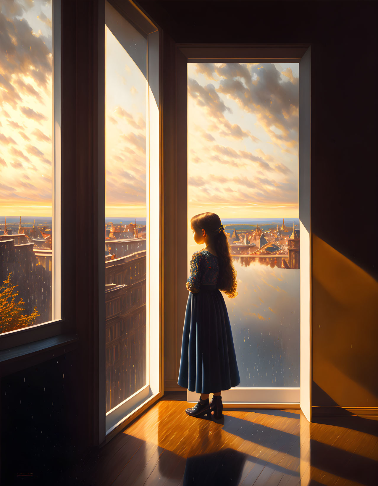 Girl in Blue Dress Admiring Cityscape at Sunset