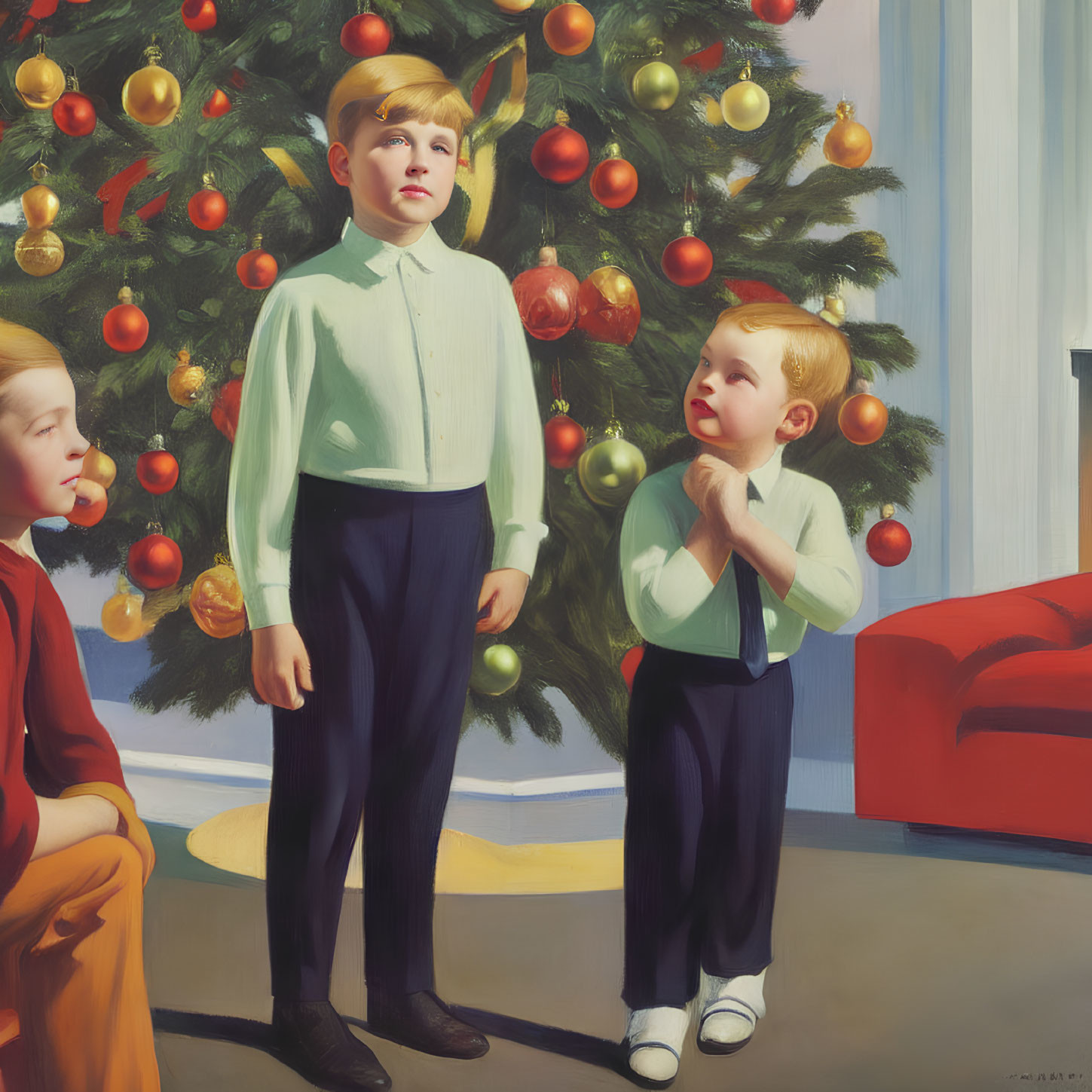 Three boys in formal attire by a decorated Christmas tree