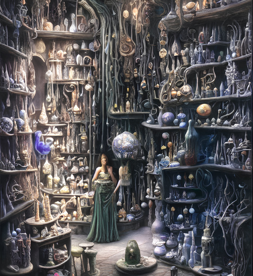 Woman in green dress surrounded by mystical artifacts and potions in magical chamber