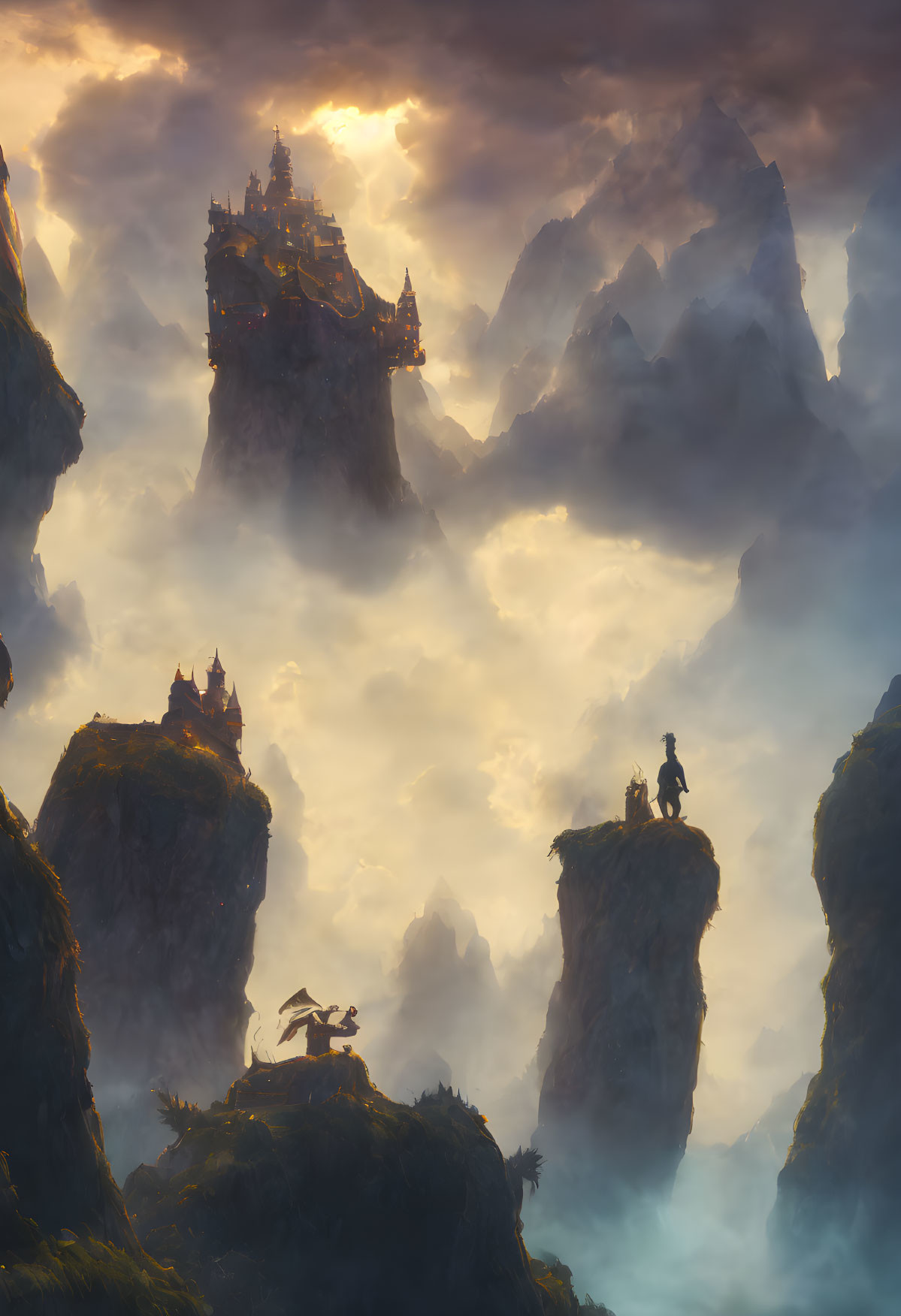 Mystical landscape with mountains, dragon, rider, and ancient castles