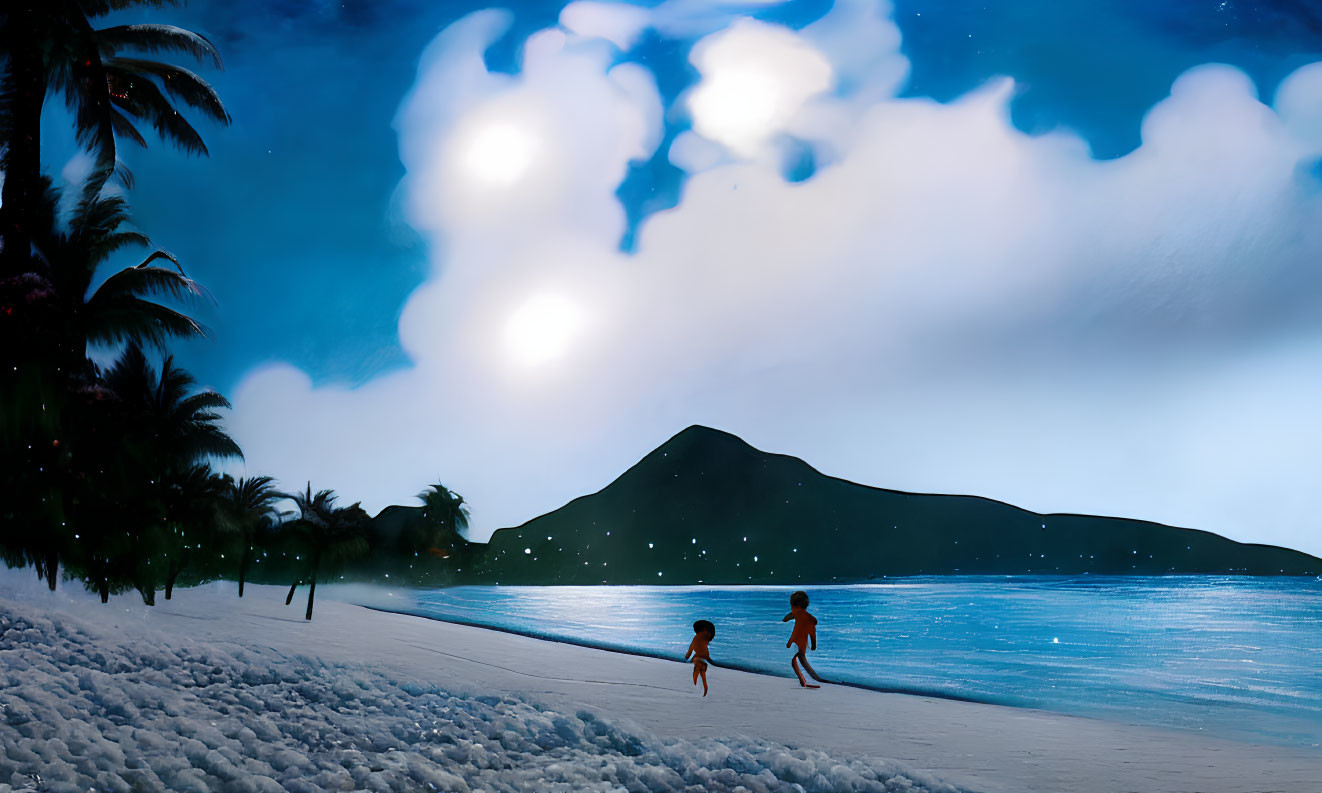 Nighttime Beach Scene with Bioluminescent Waves, Palm Trees, and Moon