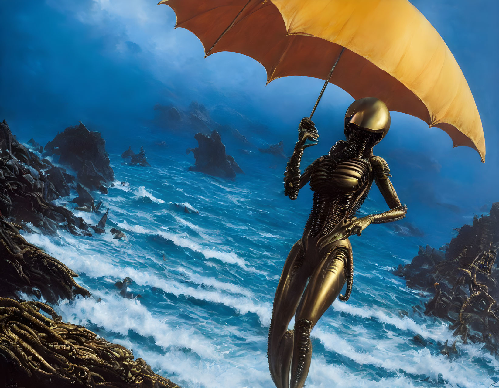 Futuristic figure in golden suit with orange umbrella by stormy sea