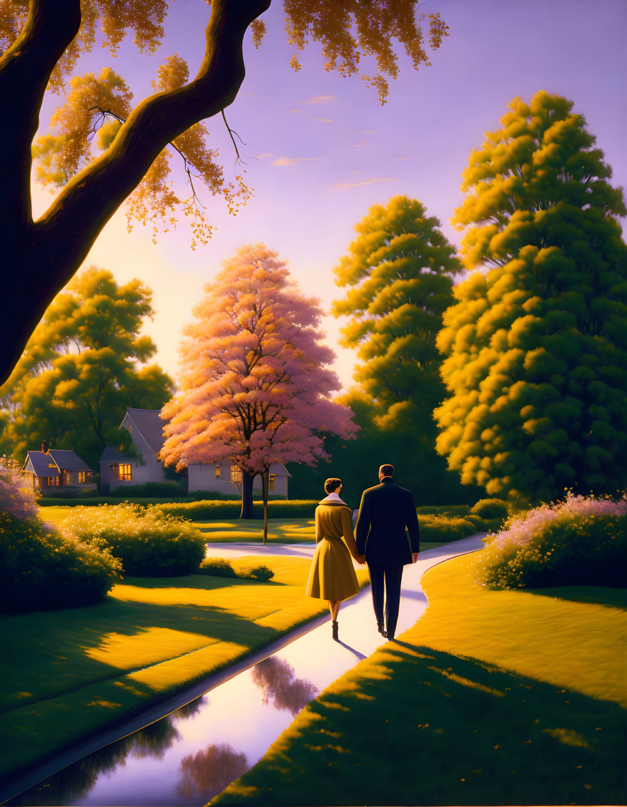 Couple walking in serene park at sunset with cherry blossoms and pond