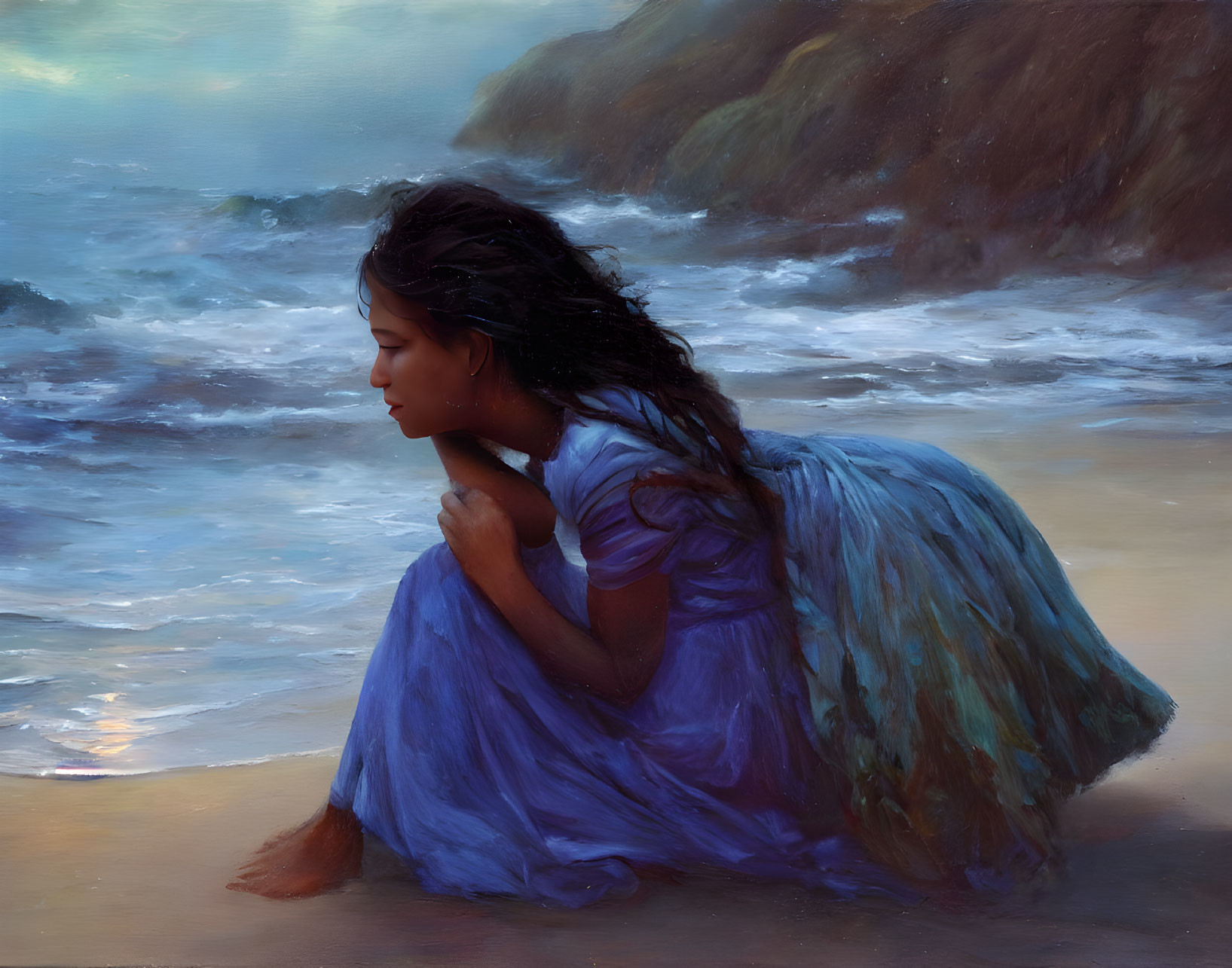 Woman in Blue Dress Contemplating Sea on Sandy Beach