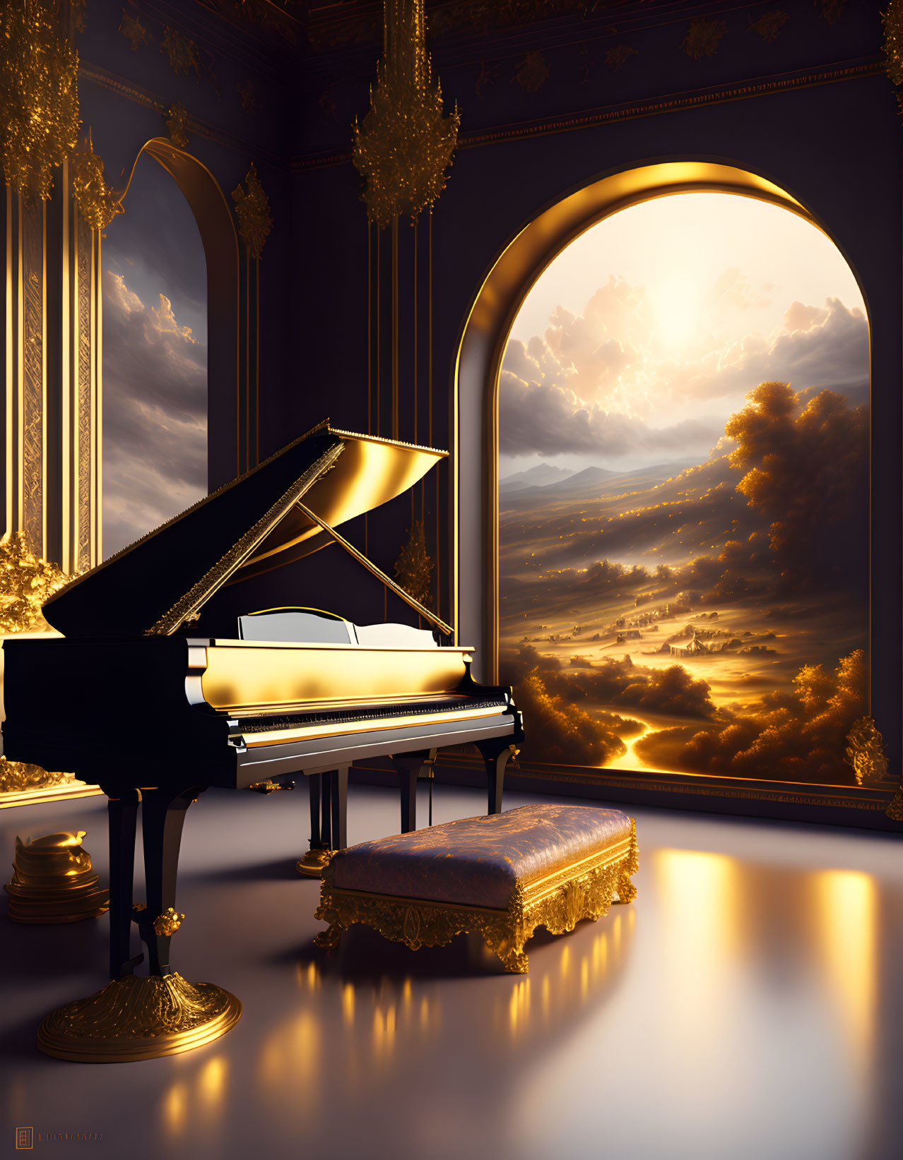 Luxurious Room with Grand Piano and Sunset View