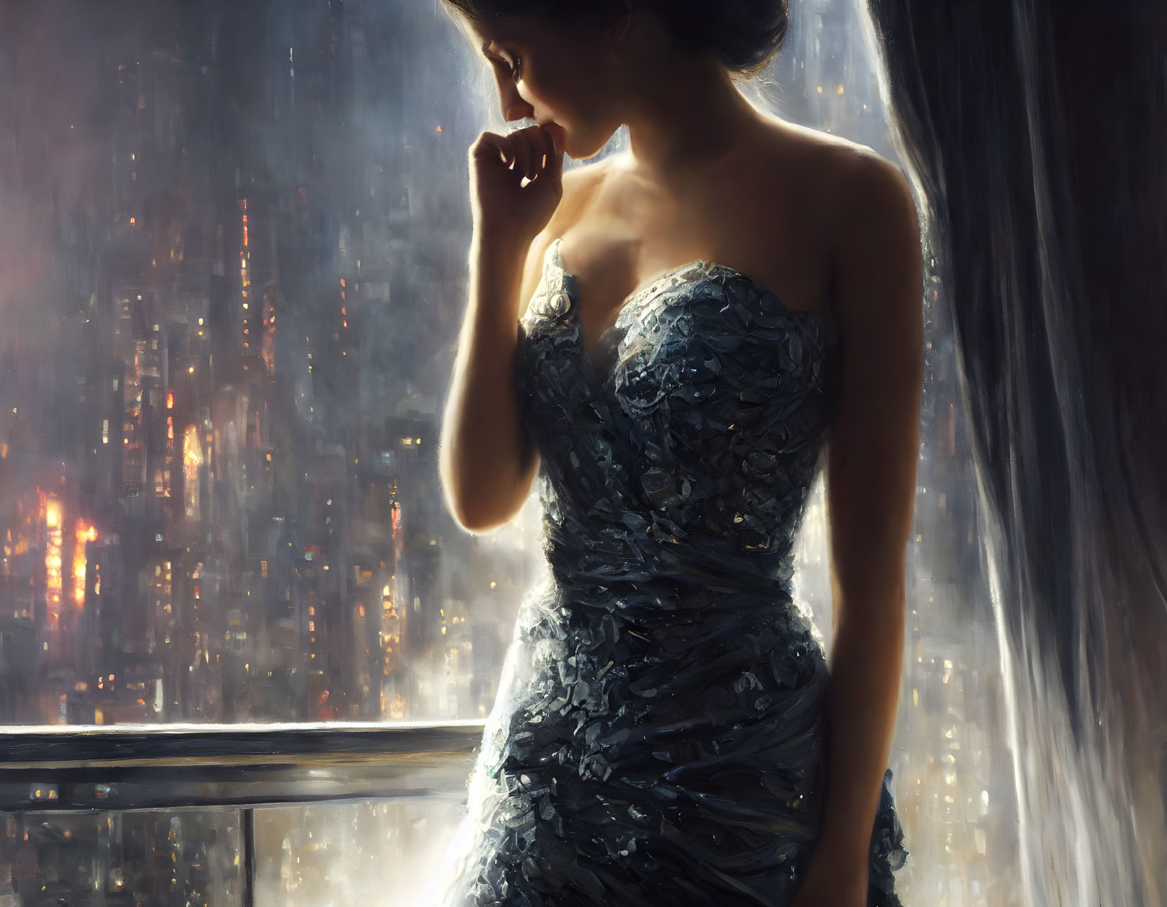 Woman in elegant dress gazes at luminous cityscape at night