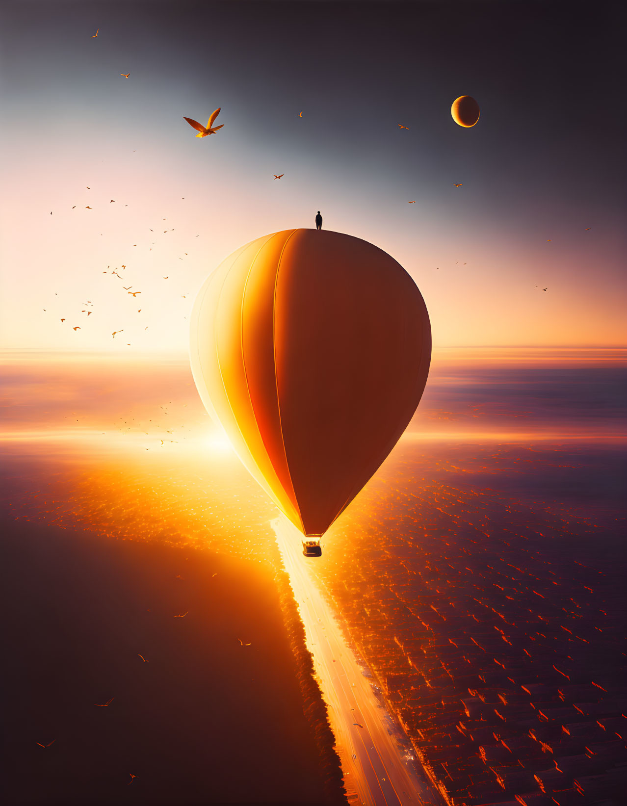 Sunset hot air balloon over ocean with birds and distant planet