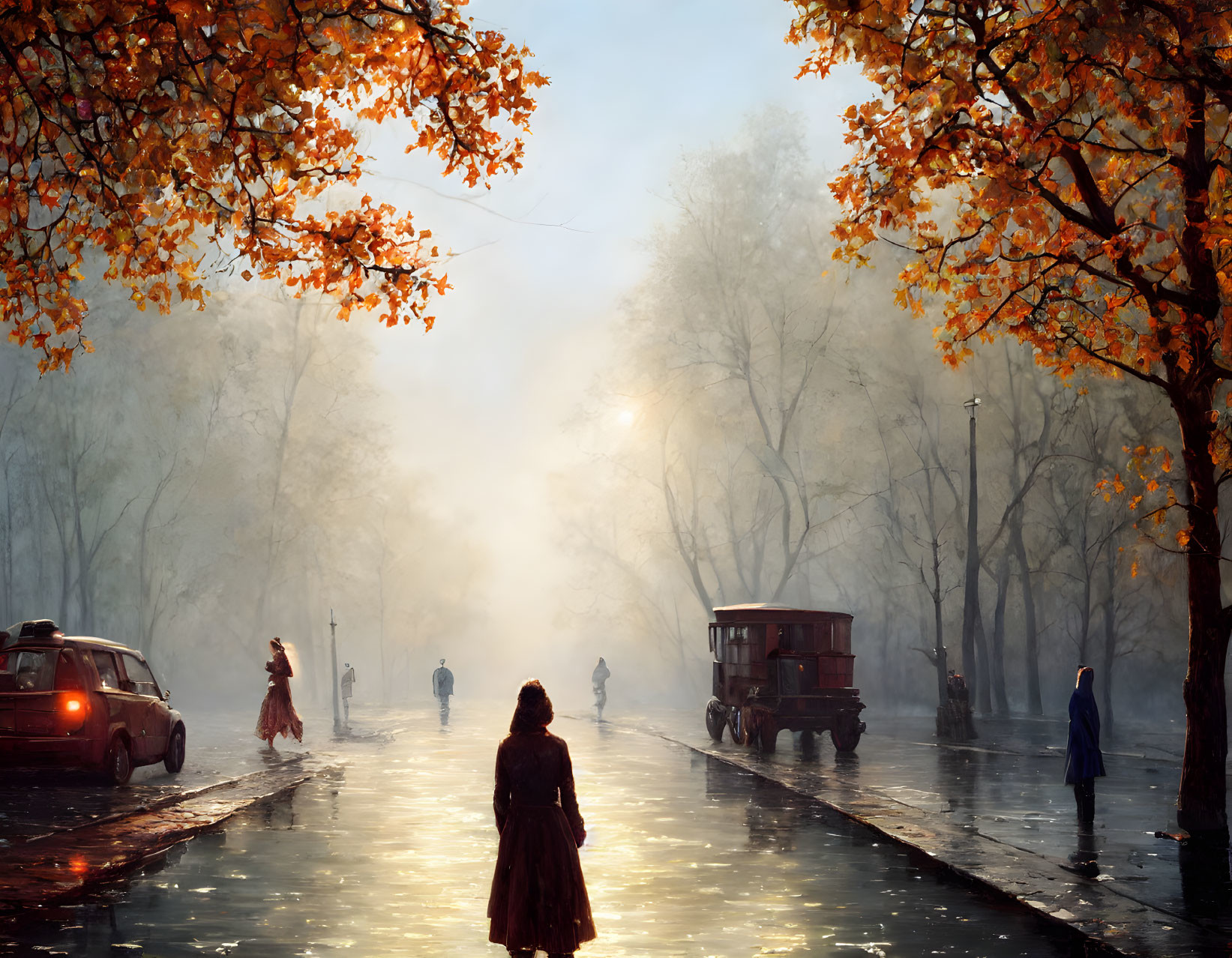 Autumnal street scene with vintage cars, people, old tram, and soft sunlight.