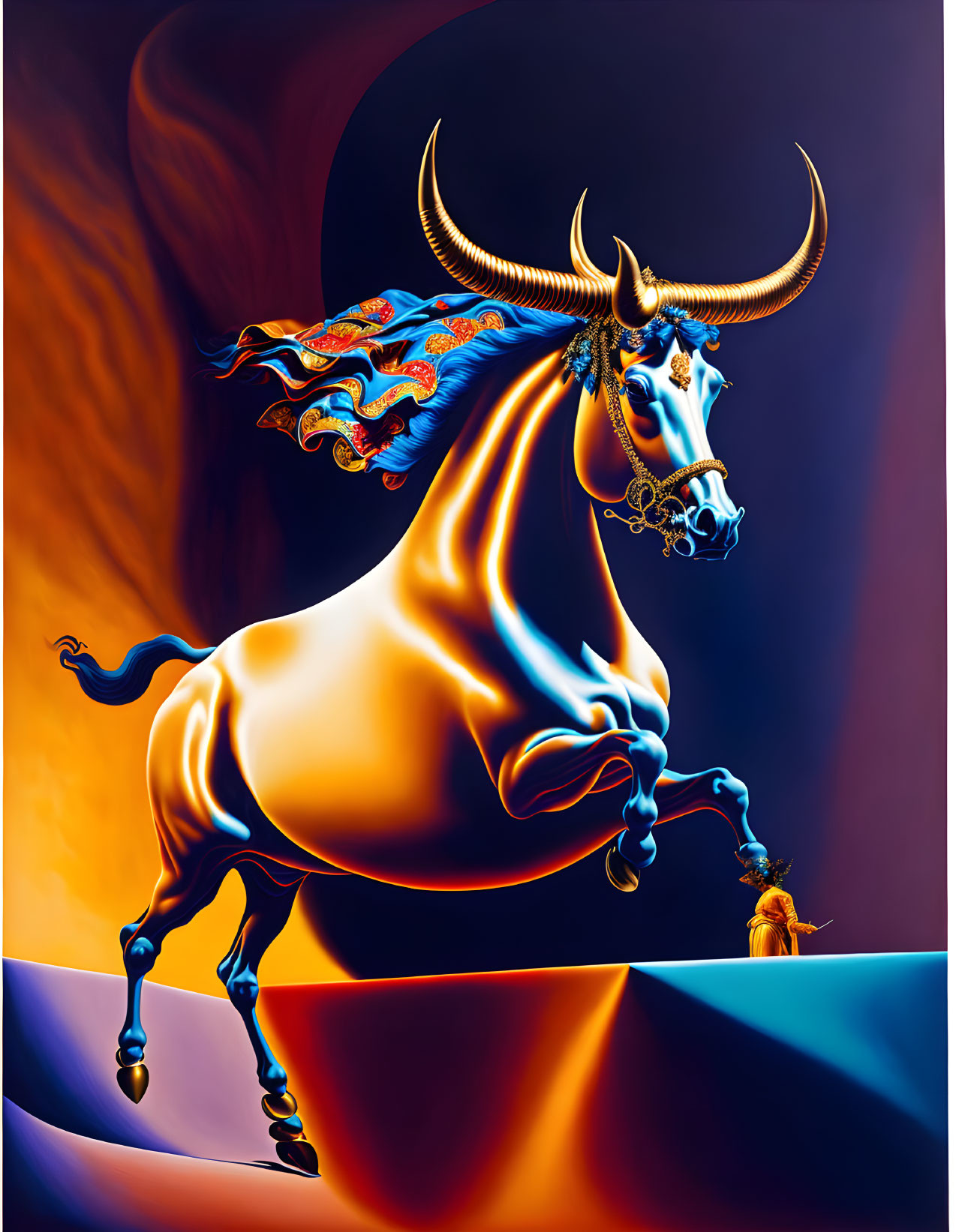 Stylized golden bull with blue mane and ornate horns on vibrant background