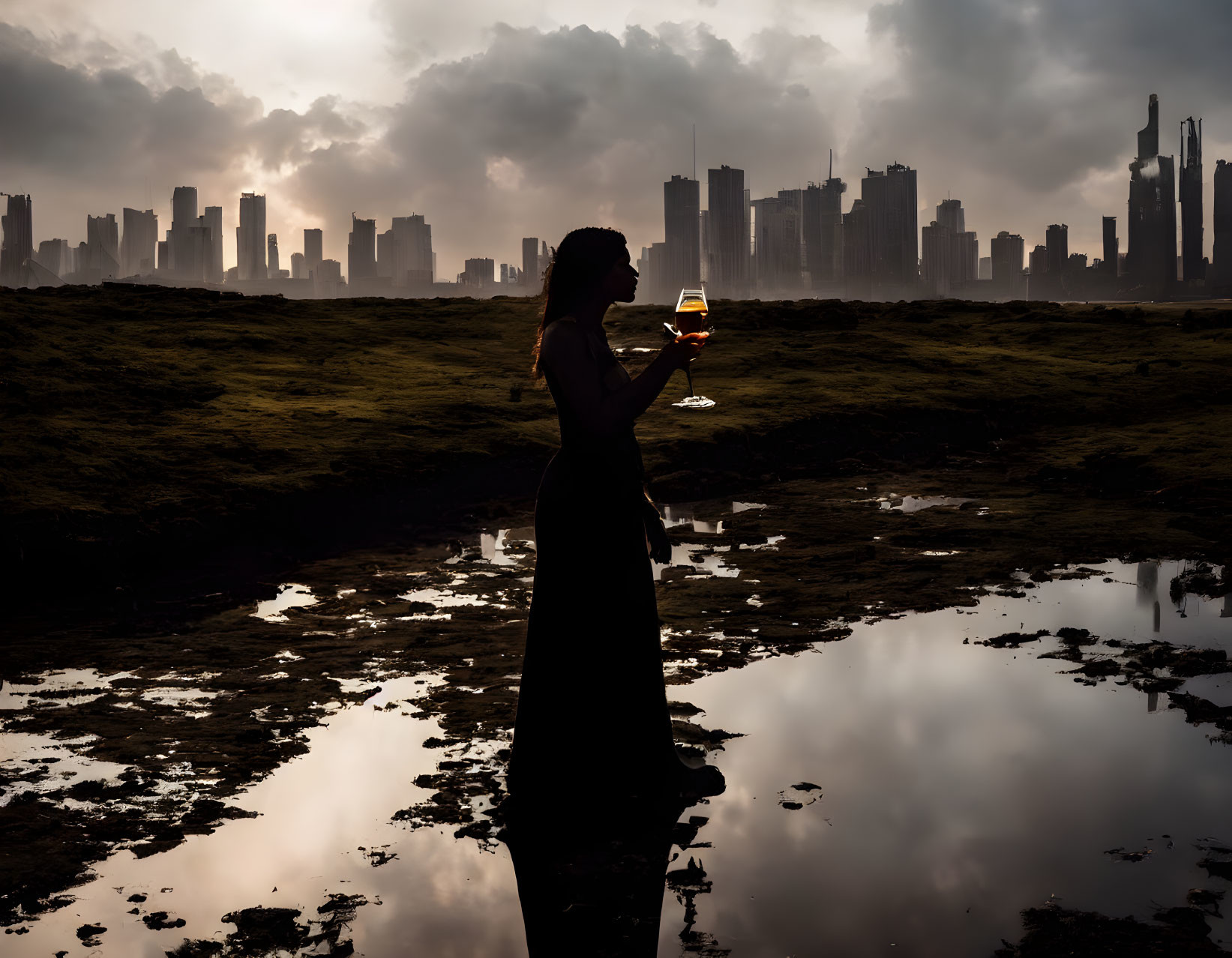 Person holding glass against city skyline at sunset reflected in water