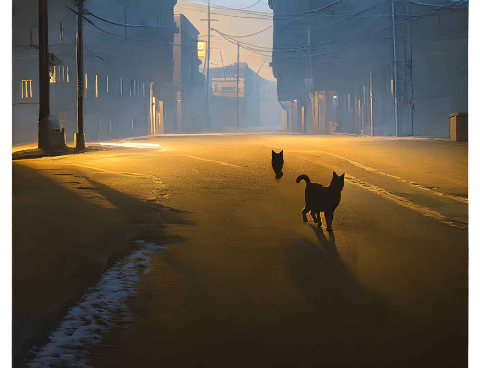 Two Cats in Misty Dawn Street with Snow and Streetlamps