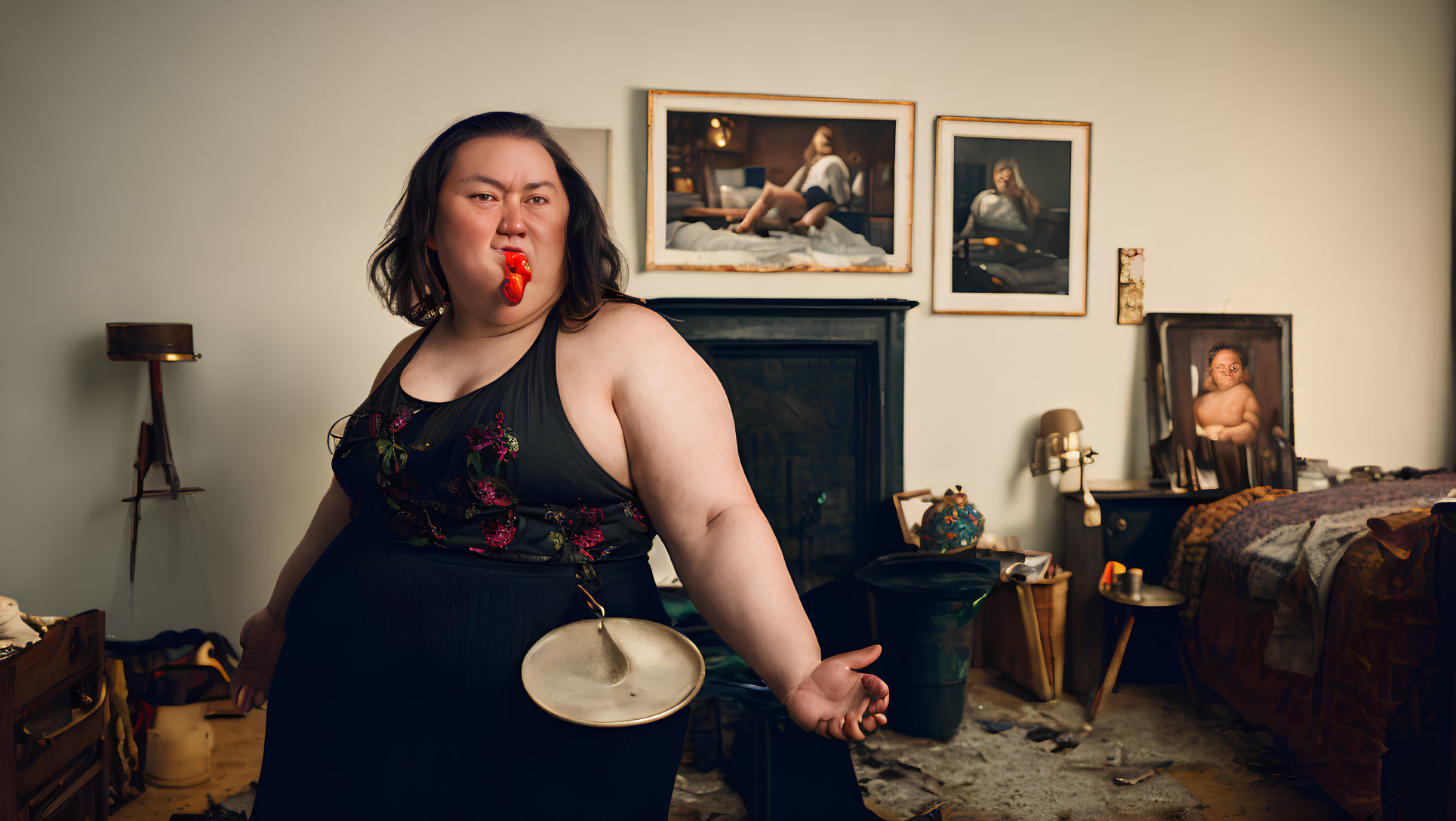 Woman in vintage room with framed paintings holding cymbal and blood capsule