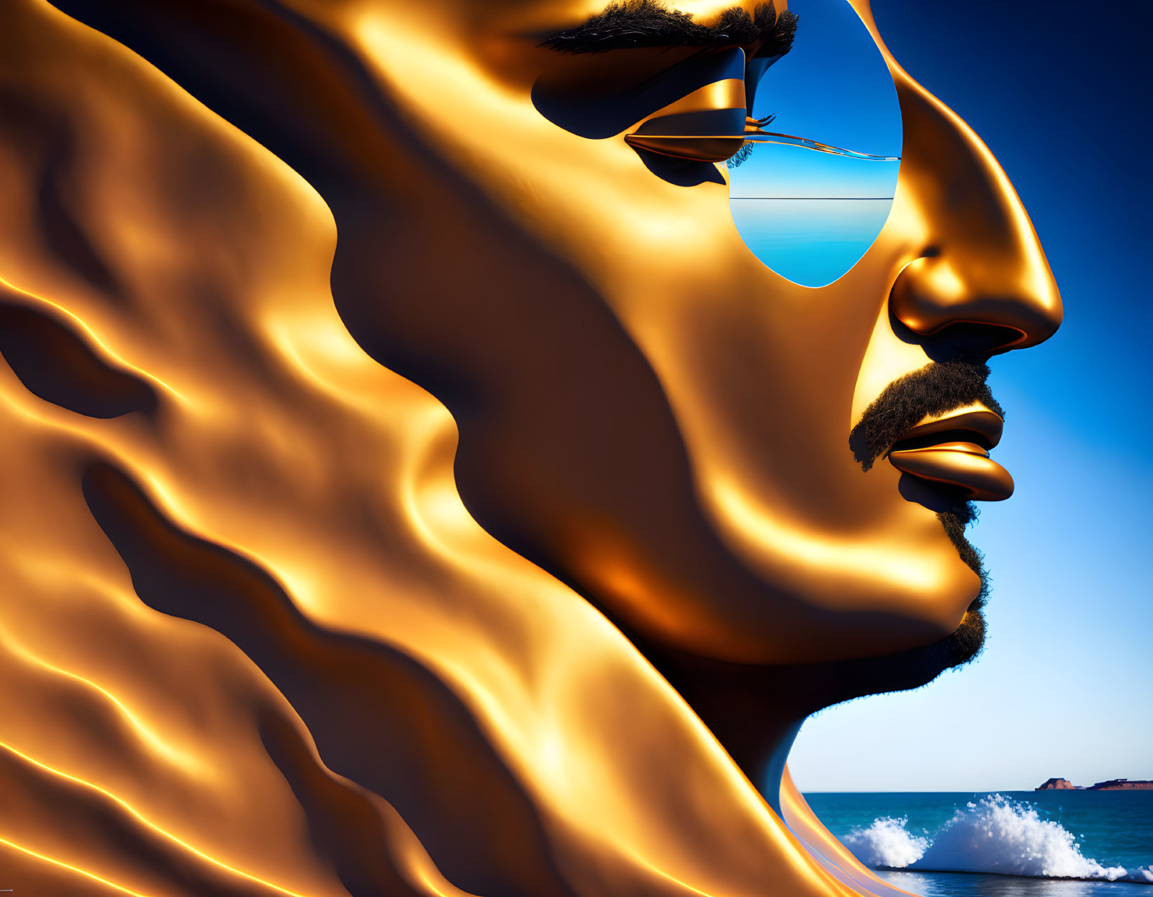 Golden face profile with wavy textures and sunglasses reflecting seascape on blue sky