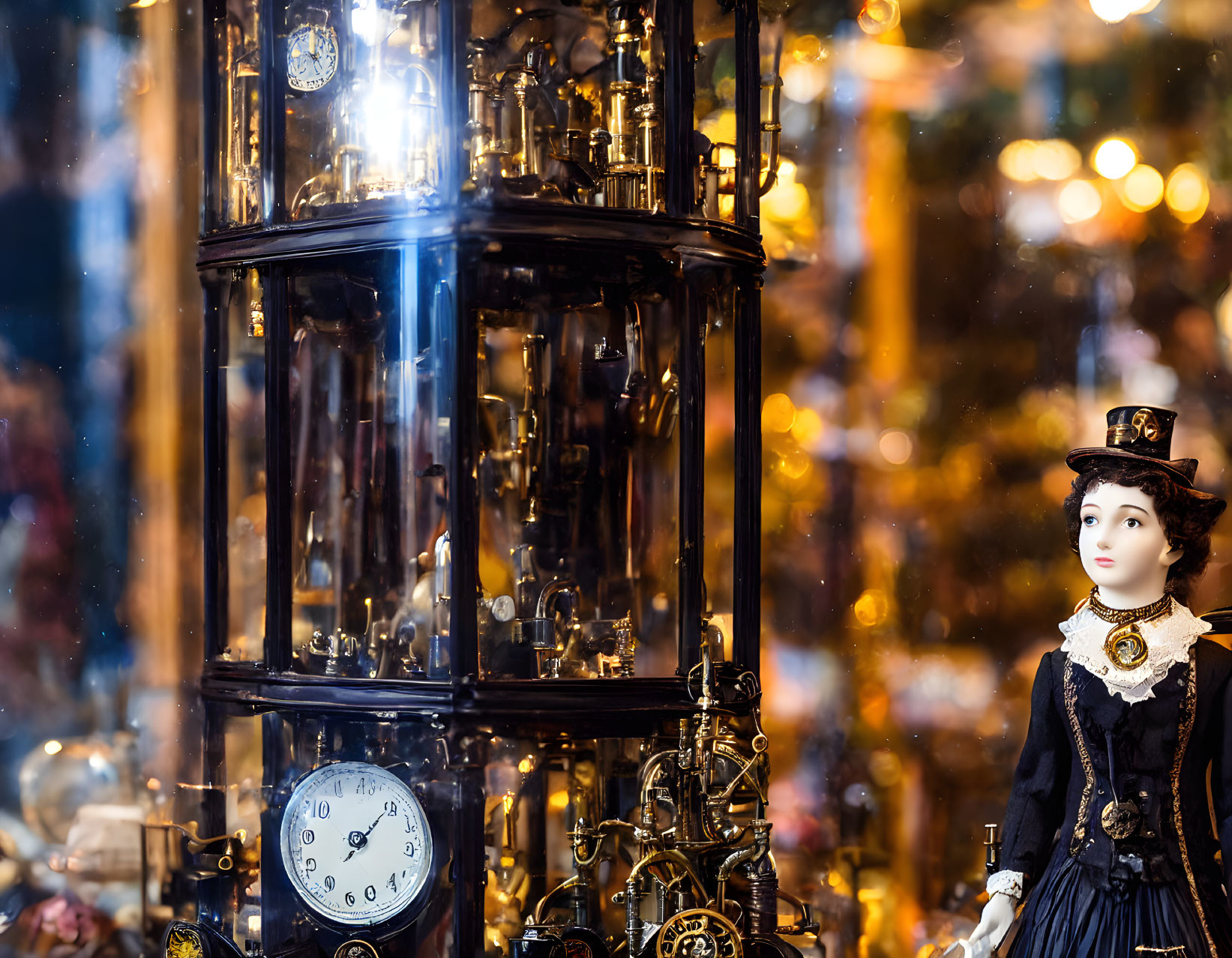 Victorian attire porcelain doll with vintage clocks in warmly lit display