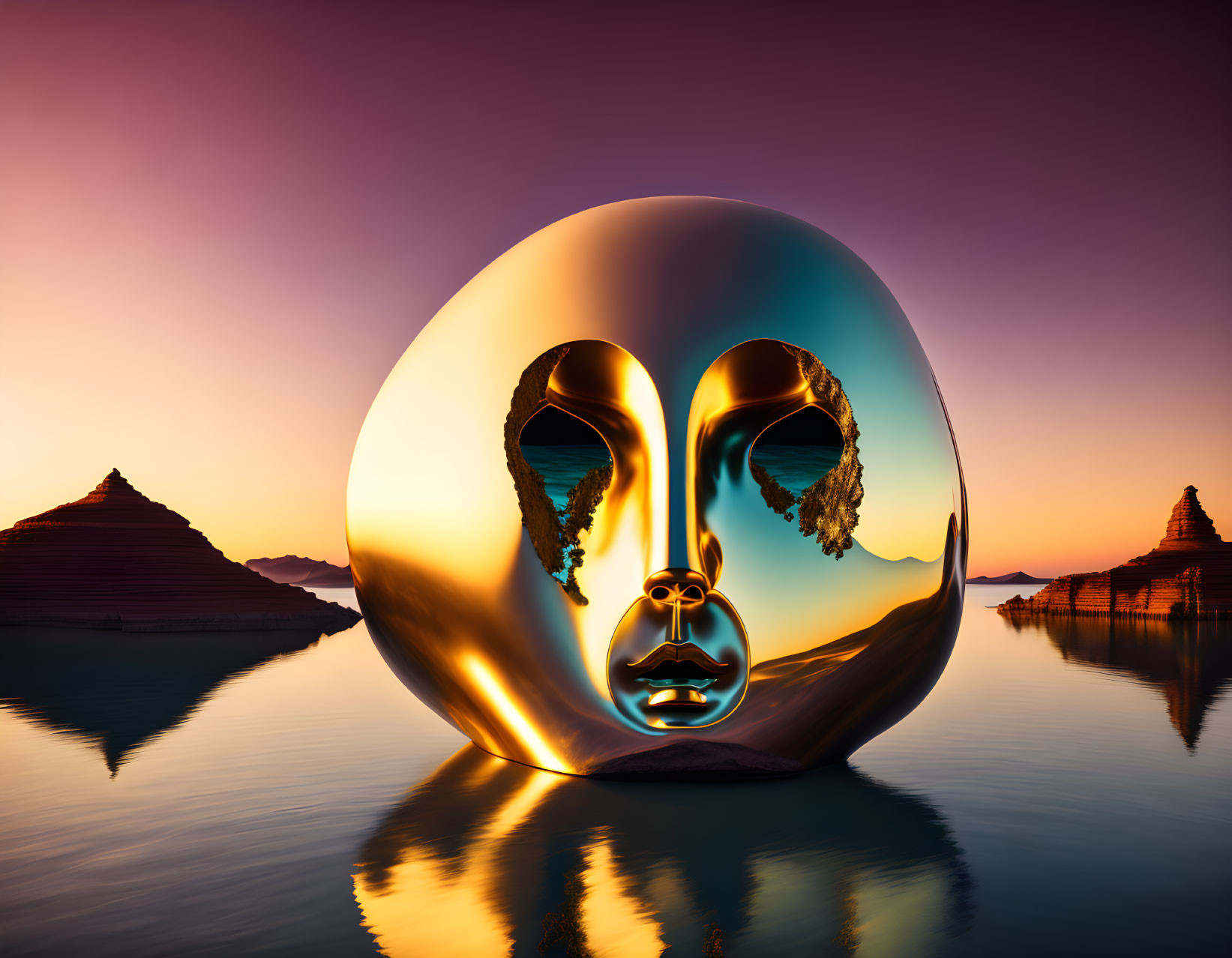 Surreal golden mask reflection on tranquil water with pyramids and sunset