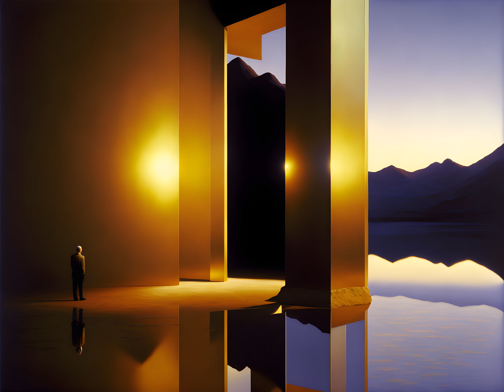 Person at Entrance of Large Minimalist Structure Reflecting Sunset Mountain Landscape