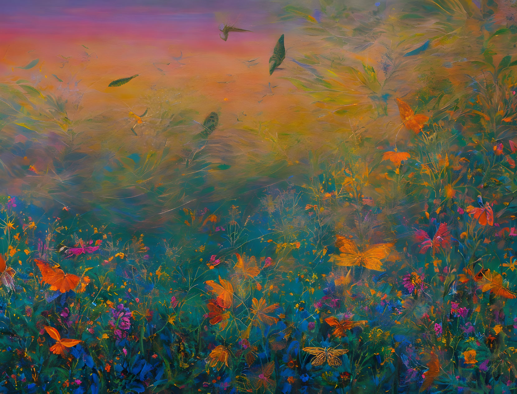 Colorful meadow painting with butterflies and flowers under pastel sunset.