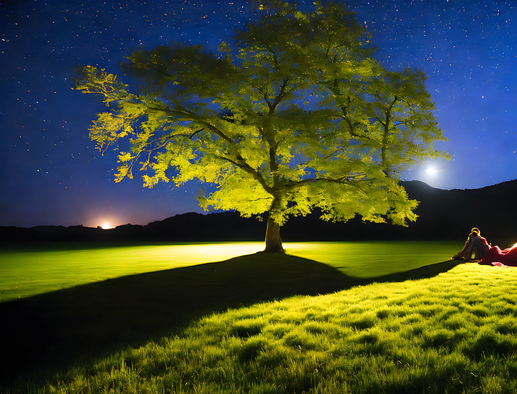 Solitary illuminated tree at night with couple sitting beneath starry sky