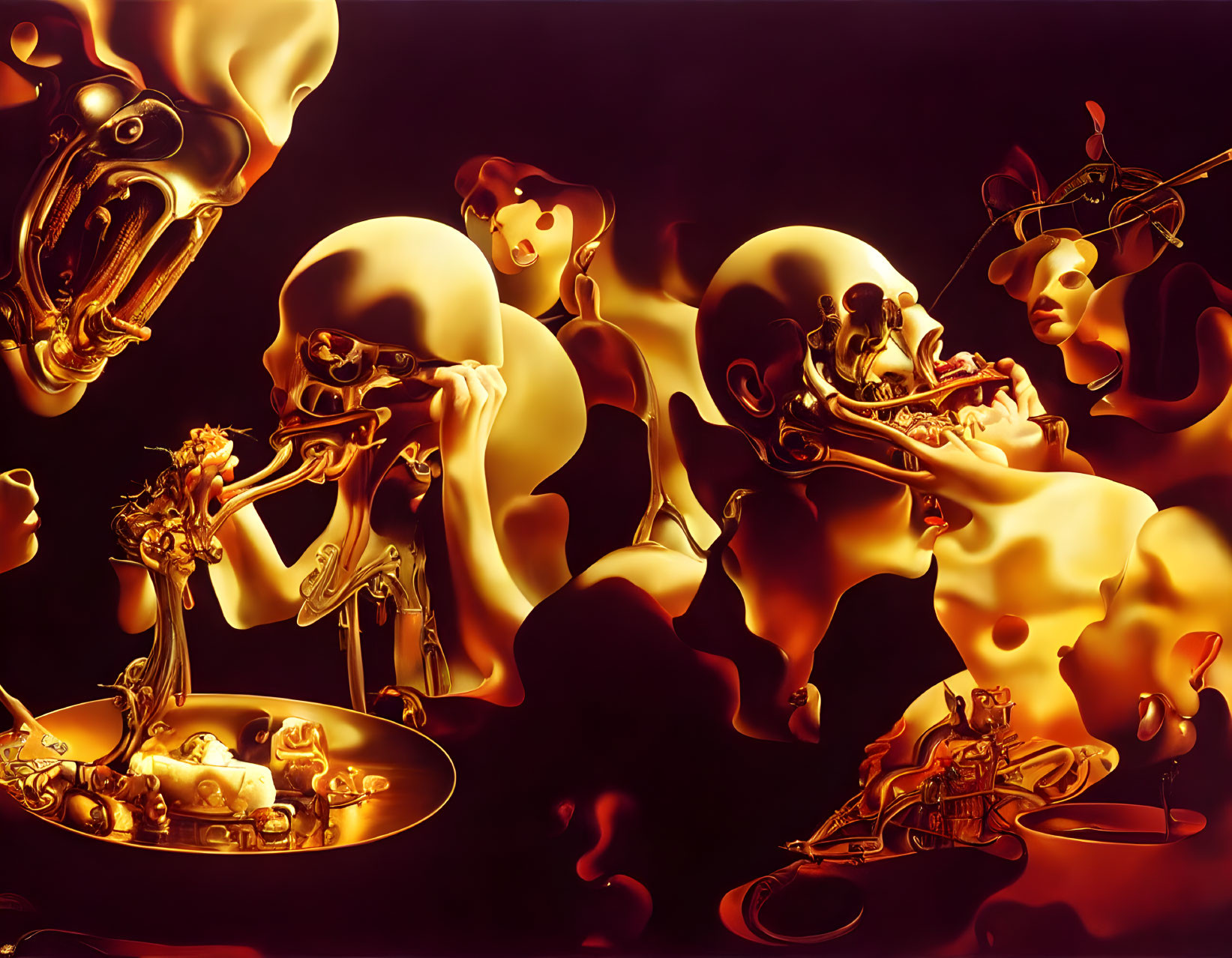 Abstract surreal digital art: golden humanoid figures and skulls in dreamlike setting