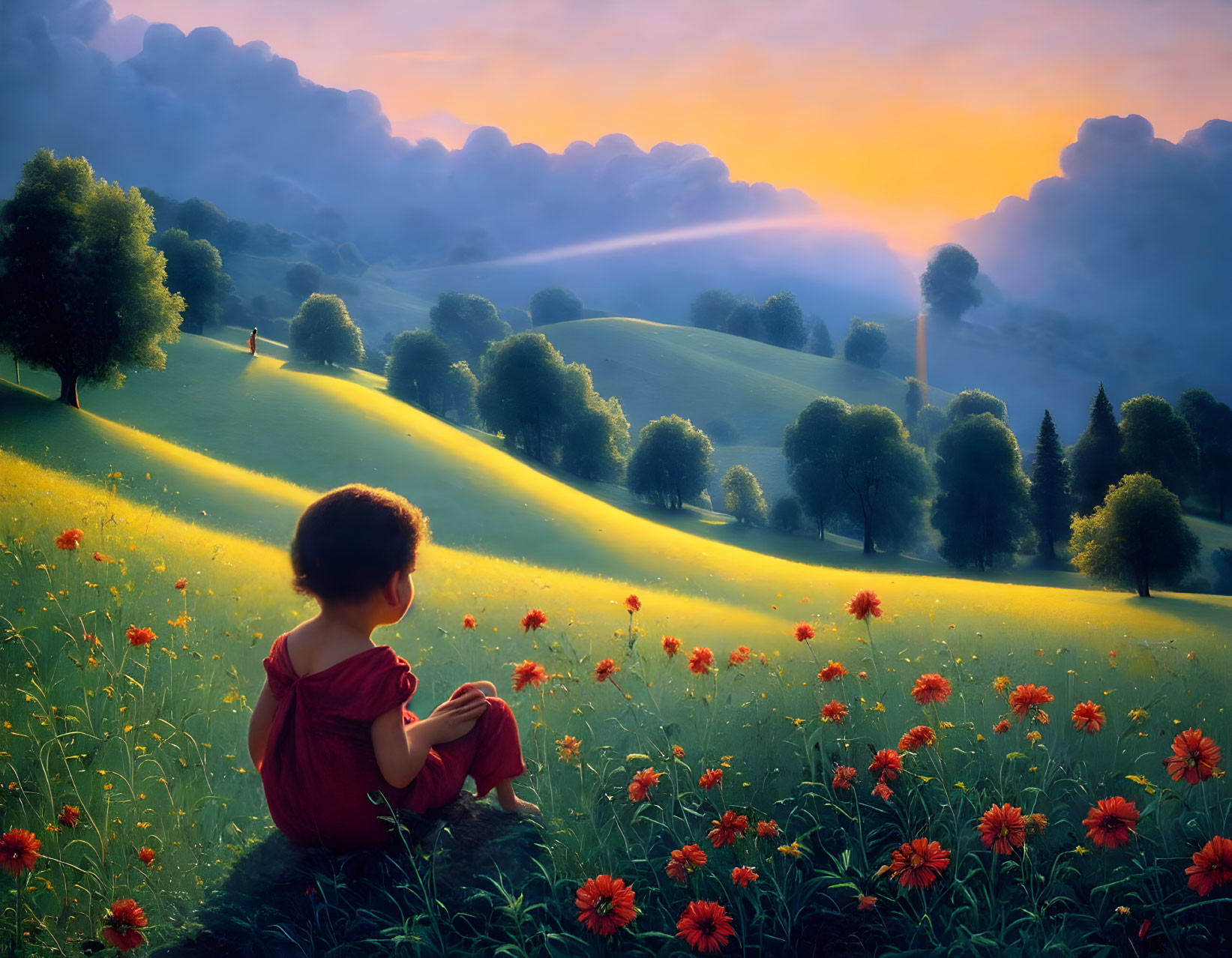 Child in Red Dress Sitting in Meadow at Sunset with Orange Flowers