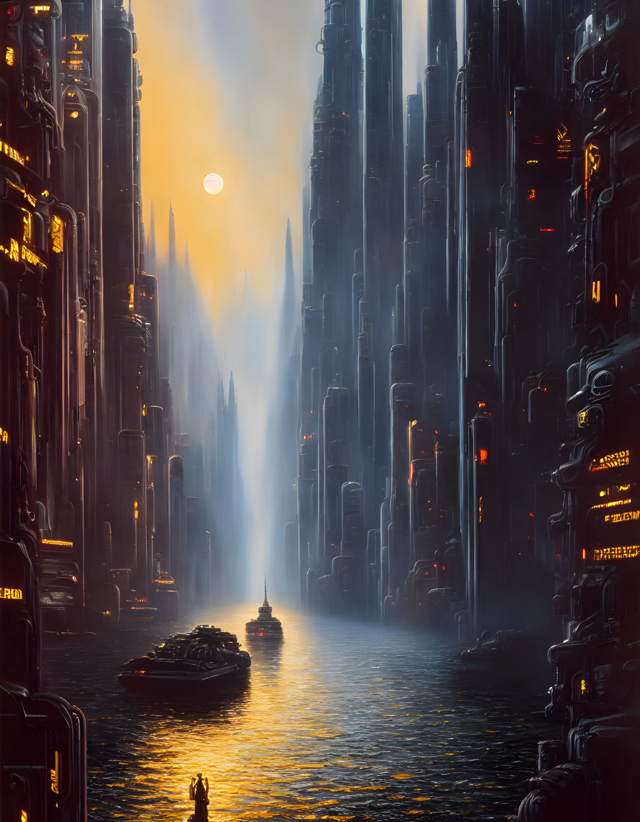 Dystopian cityscape with misty skyscrapers and boats in waterway