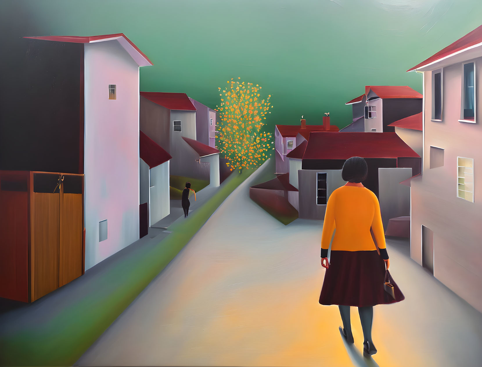 Woman in yellow top and red skirt walking on street at dusk with houses, person in distance, and