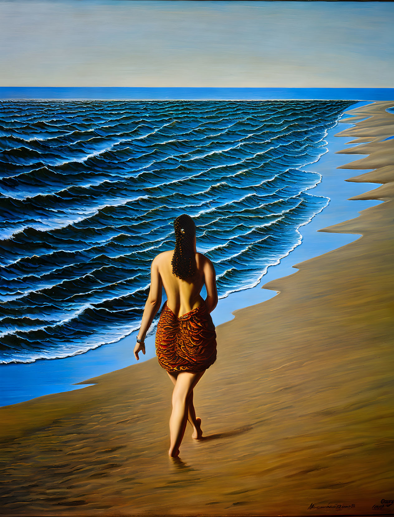 Woman in Brown Dress Walking on Beach Towards Sea