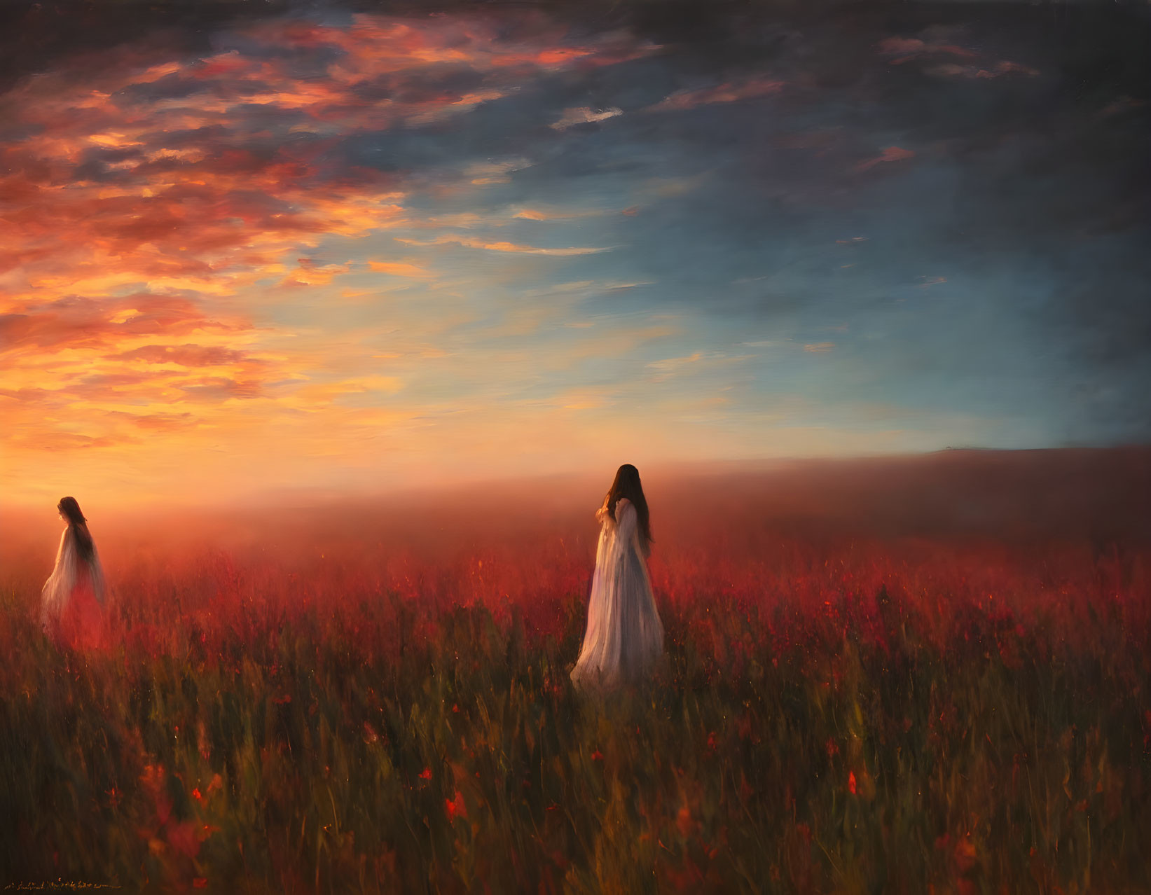 Figures in white dresses in vibrant poppy field at sunset