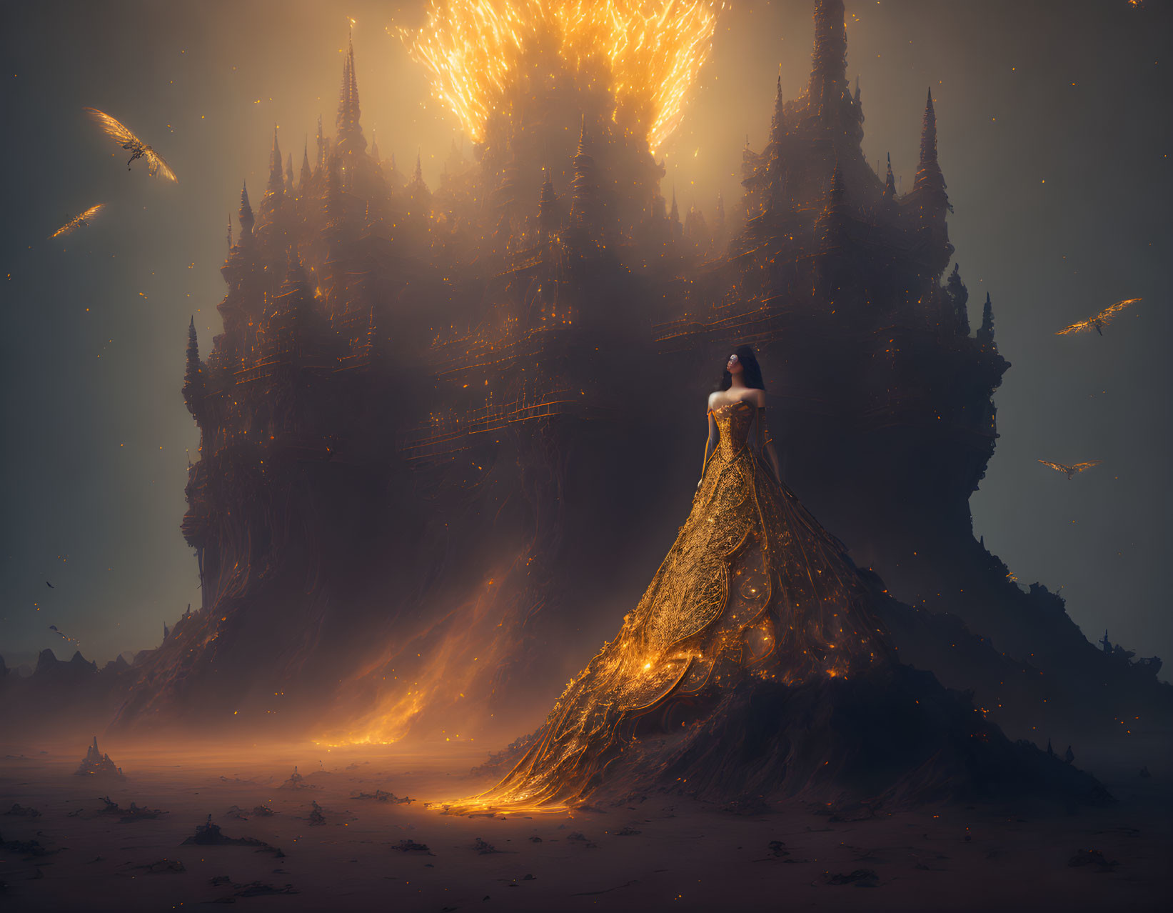 Woman in golden gown before fiery castle in ember-filled landscape