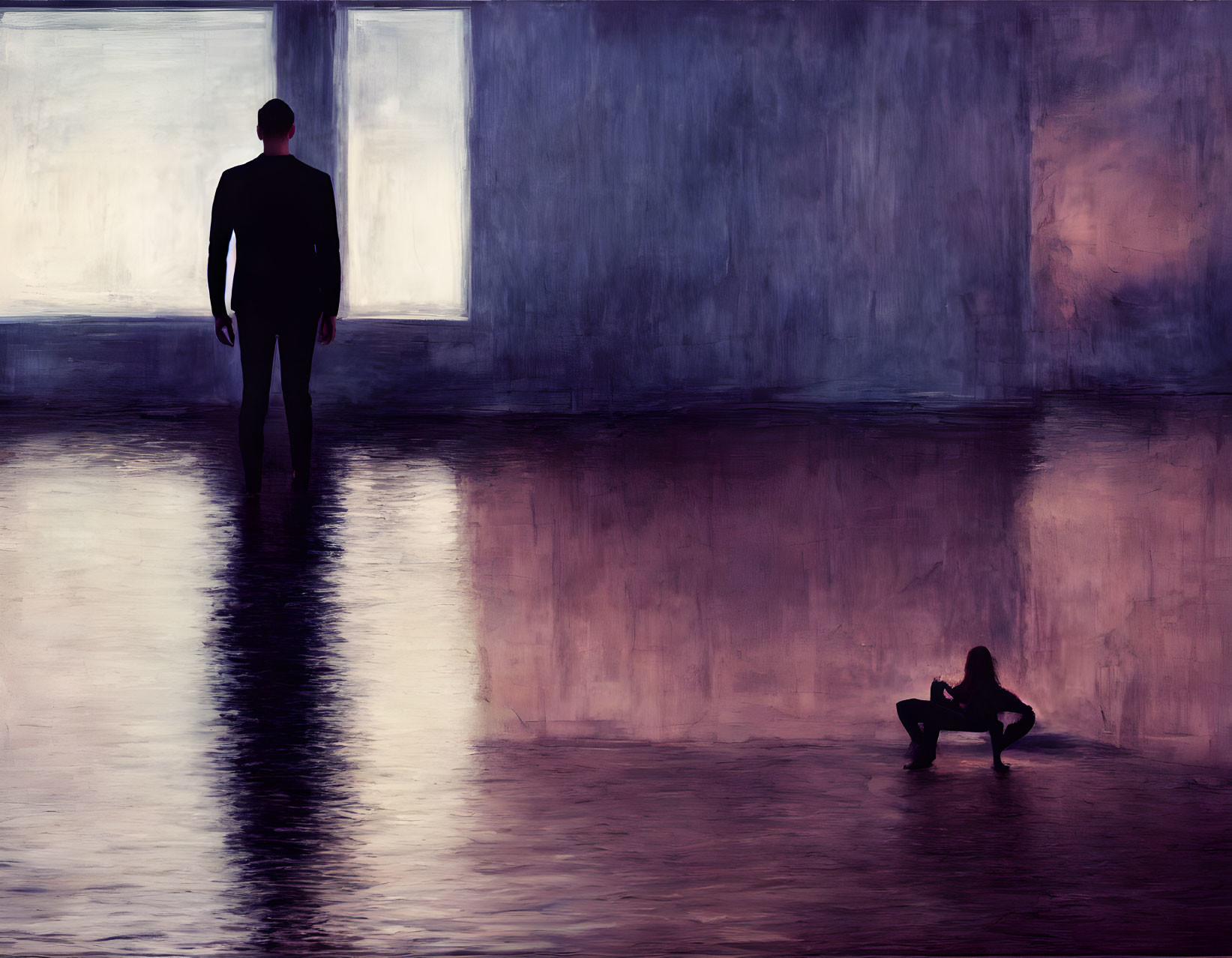 Silhouetted figures in dimly lit room with reflective floor.