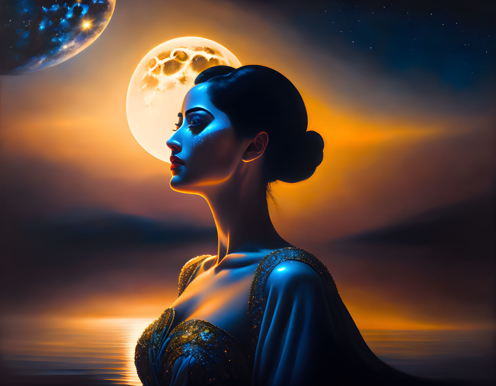 Woman in blue dress under moonlit sky with stars and clouds.