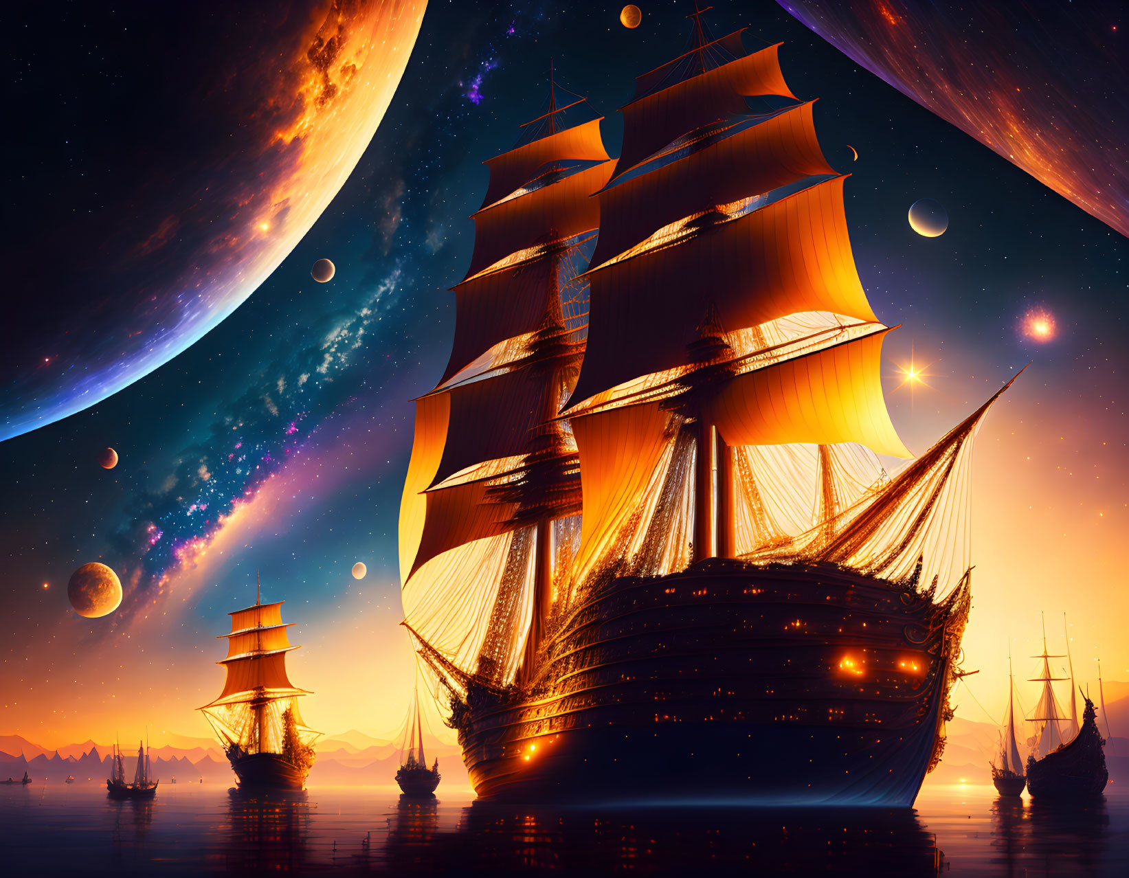 Fantasy seascape with majestic sailing ship and glowing lights