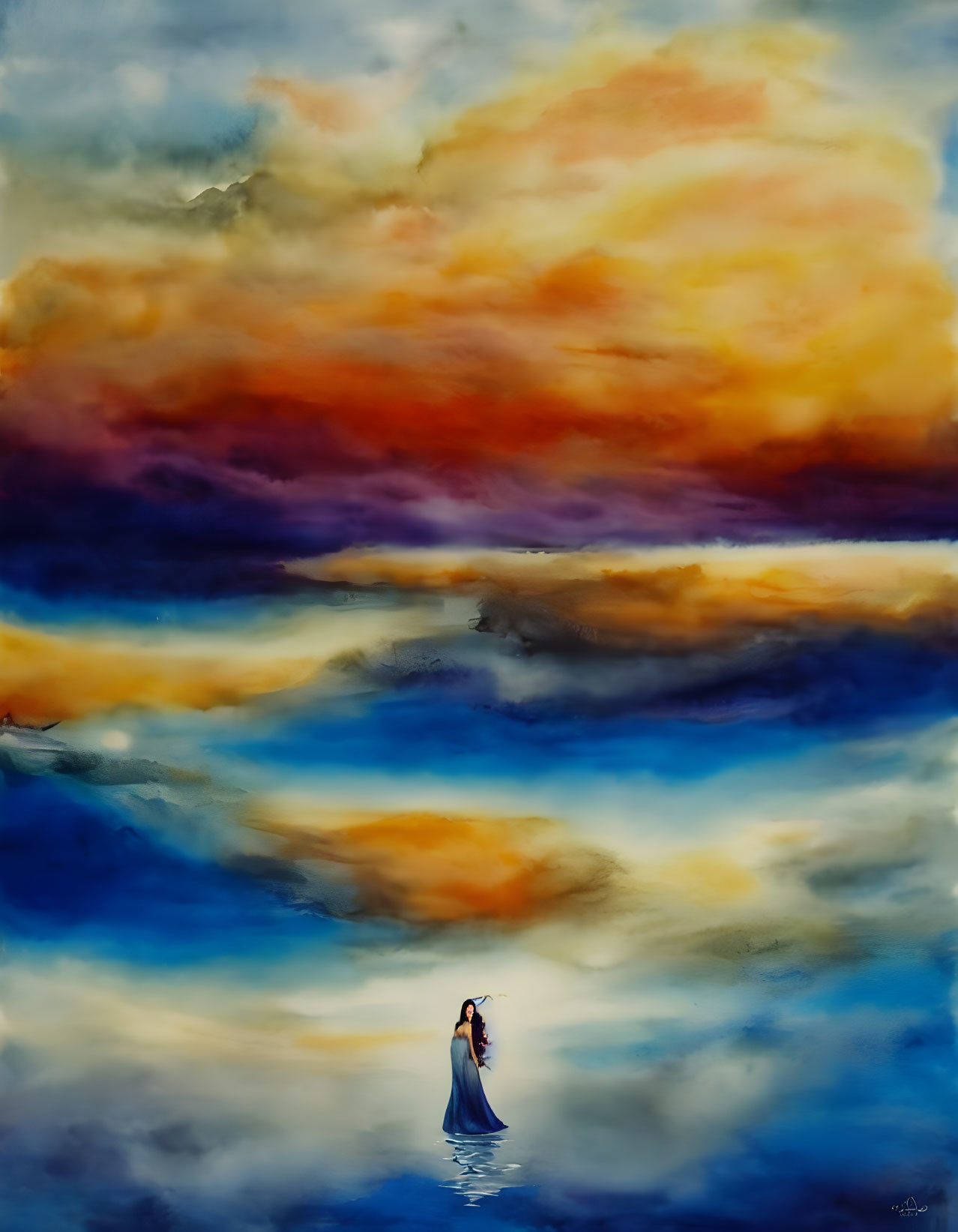 Solitary Figure in Blue Dress Reflecting in Vibrant Cloudscape