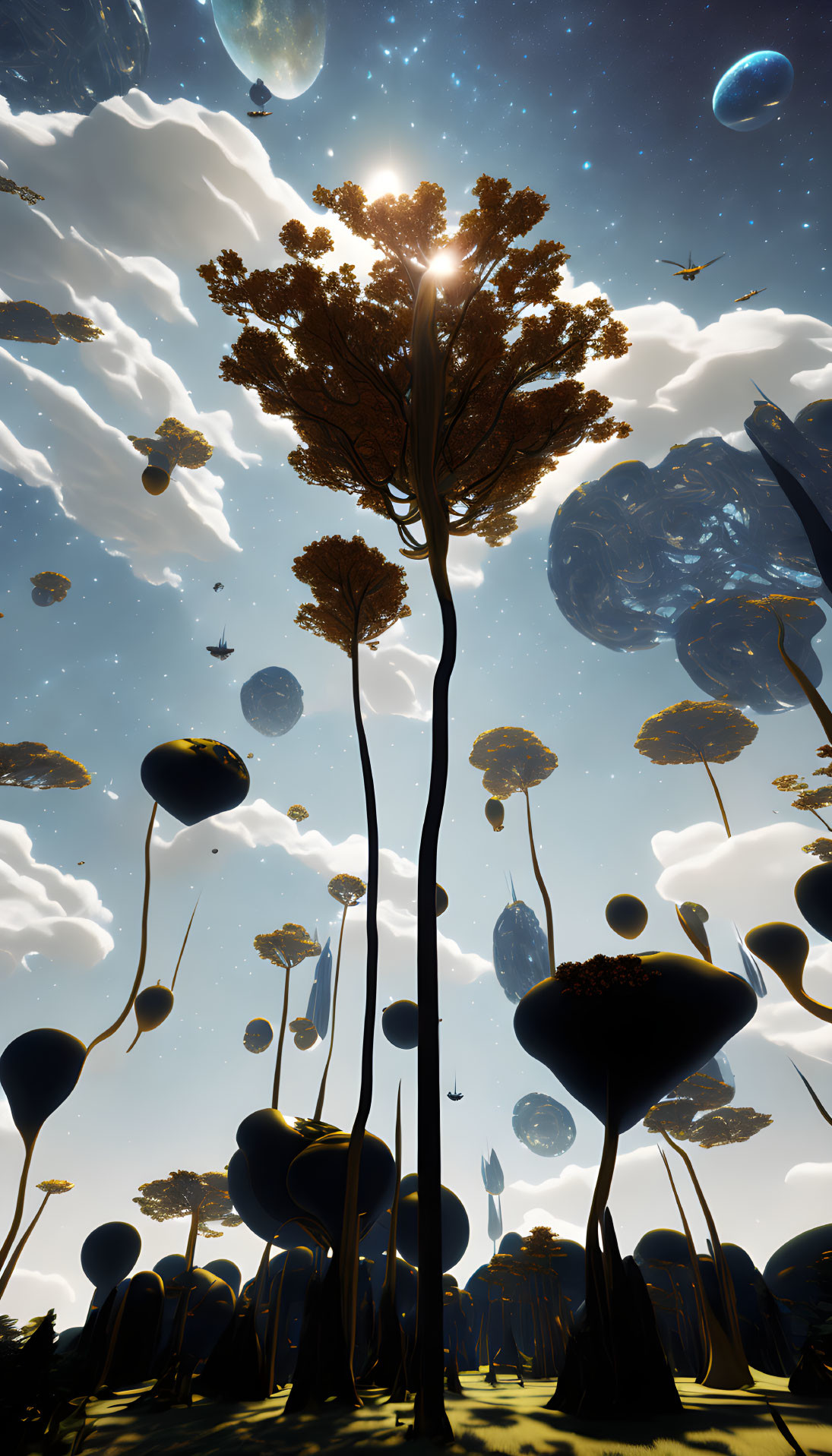 Surreal landscape with floating trees and planets in the sky