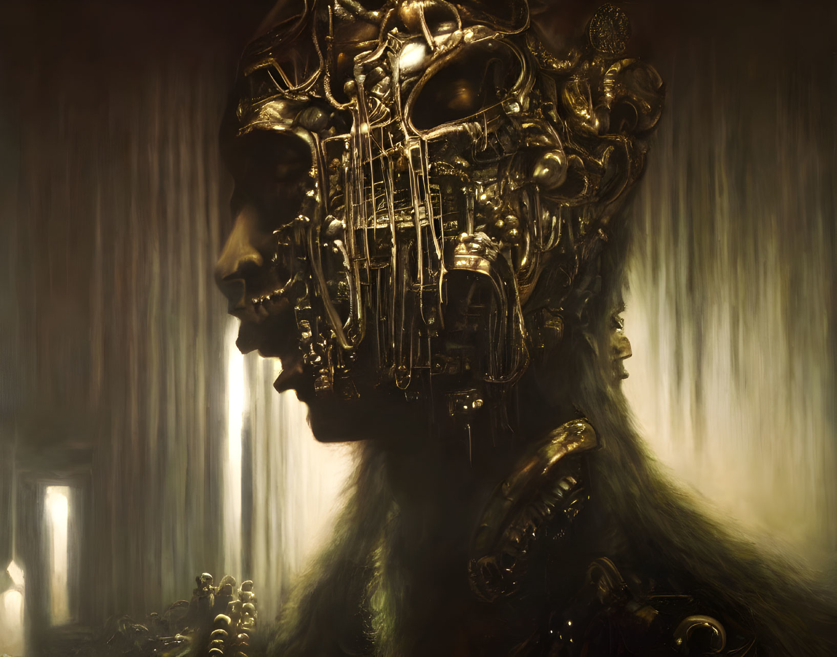 Intricate mechanical humanoid figure in warm golden light