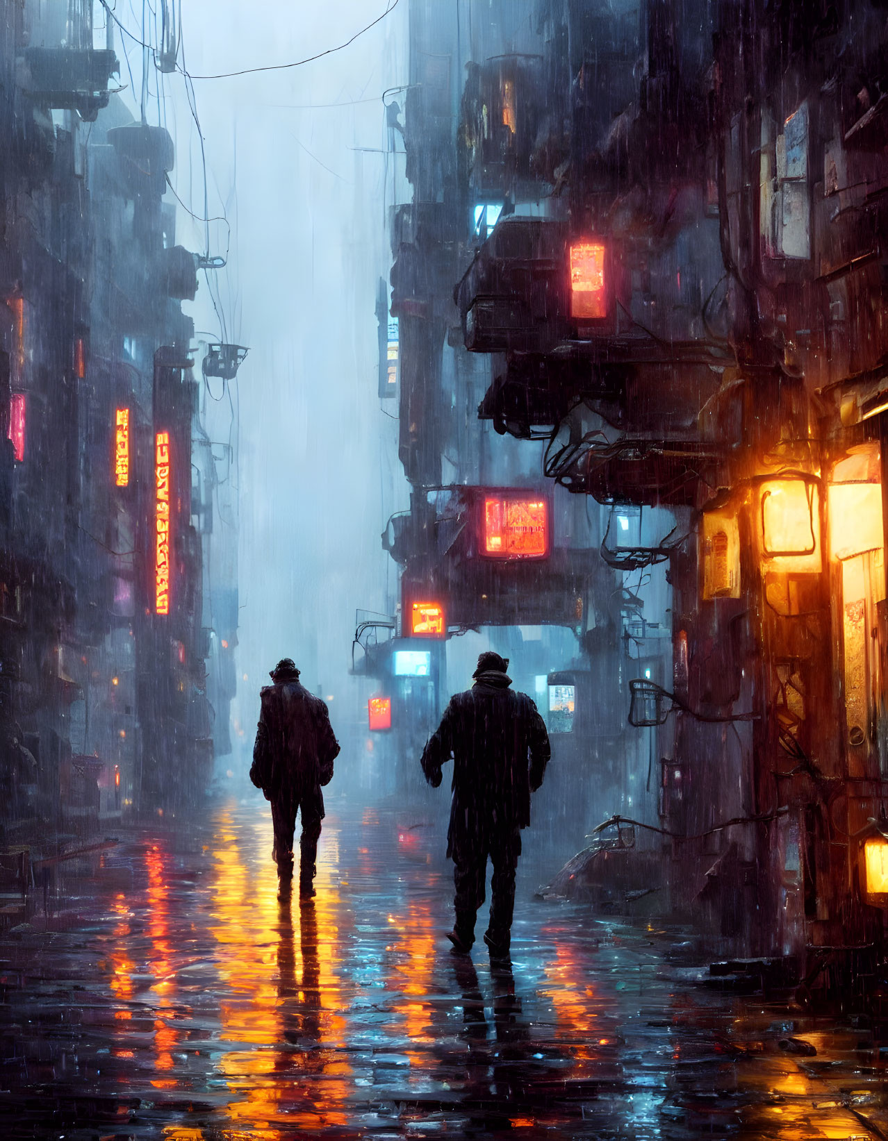 Silhouetted figures in rain-soaked, neon-lit alleyway