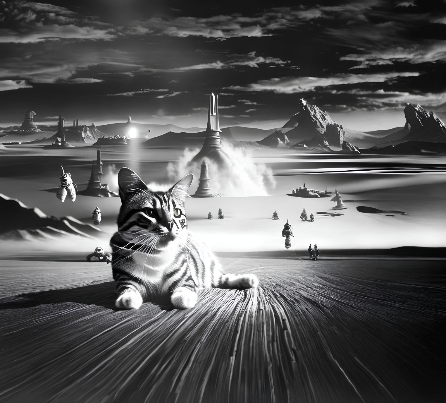 Giant Cat in Monochrome Landscape with Mountains and Astronauts