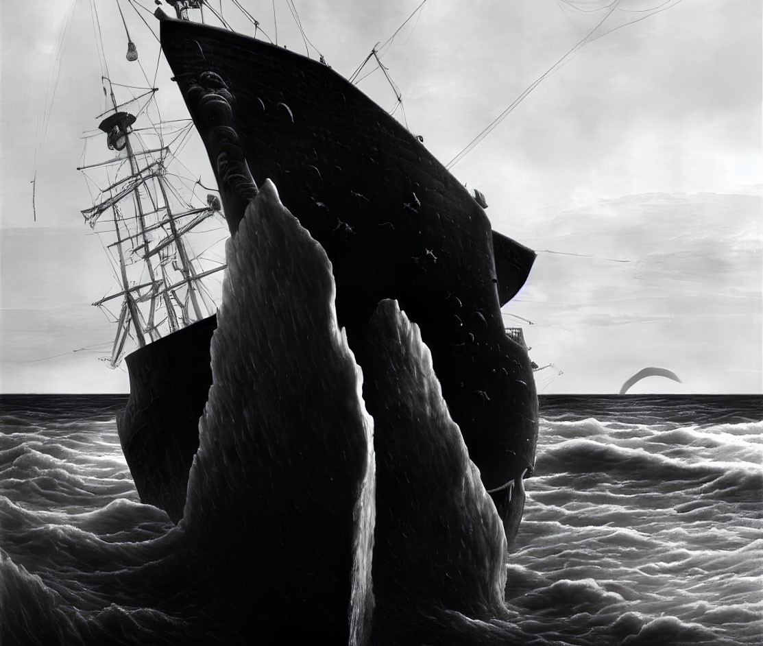 Grayscale image of sailing ship in stormy sea with whale flukes and crescent moon