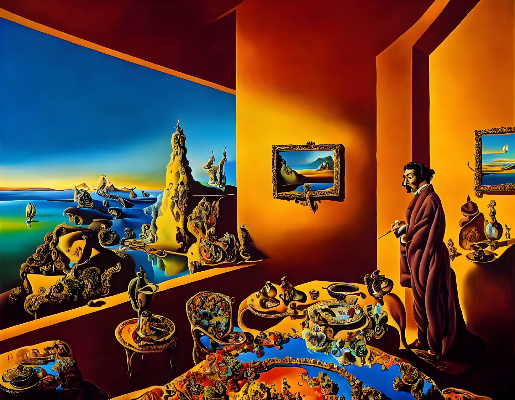 Surrealistic painting of figure in robe observing melting objects and distorted landscapes in room by calm sea