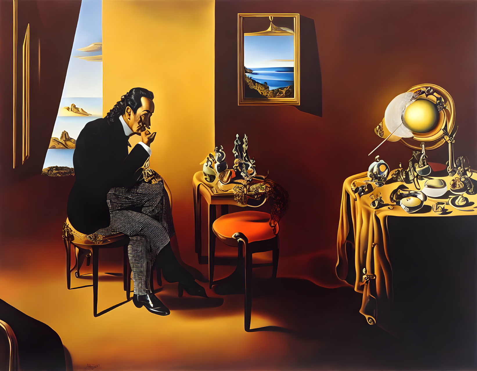 Surrealist painting: man at table with melting clocks and floating orb