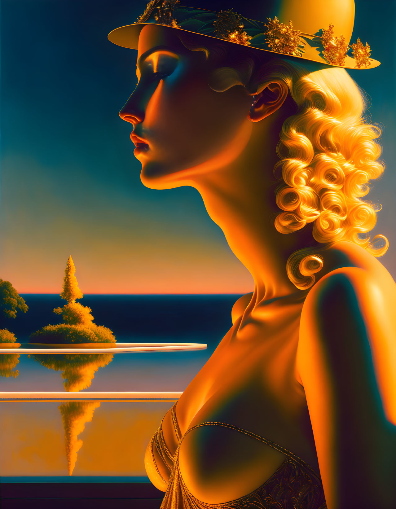 Stylized illustration of woman with golden hair gazing at sunset over lake