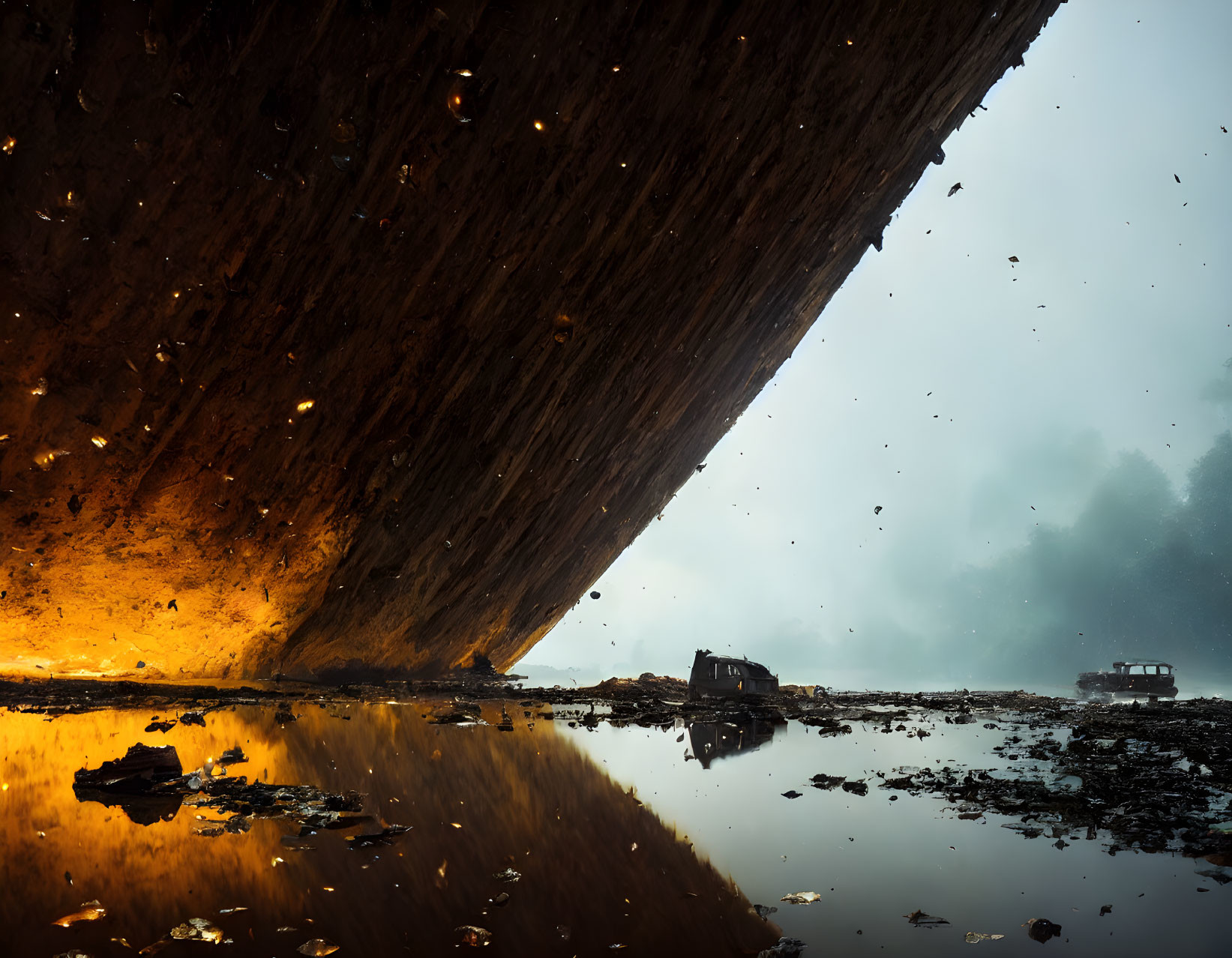 Spacious cave with overhanging rock, golden glow, water reflections, and floating particles