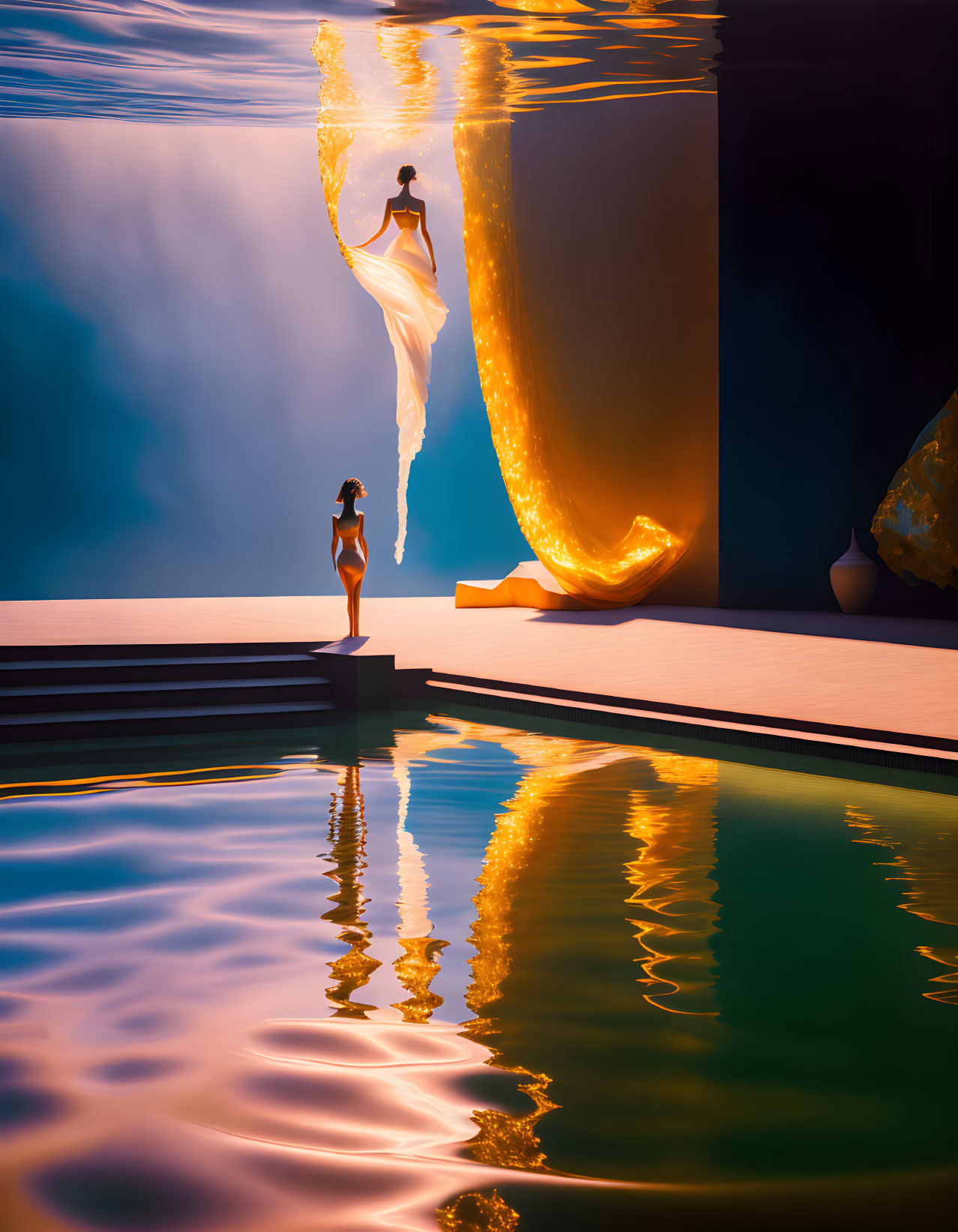 Surreal waterscape with women on dock and in flowing golden dress