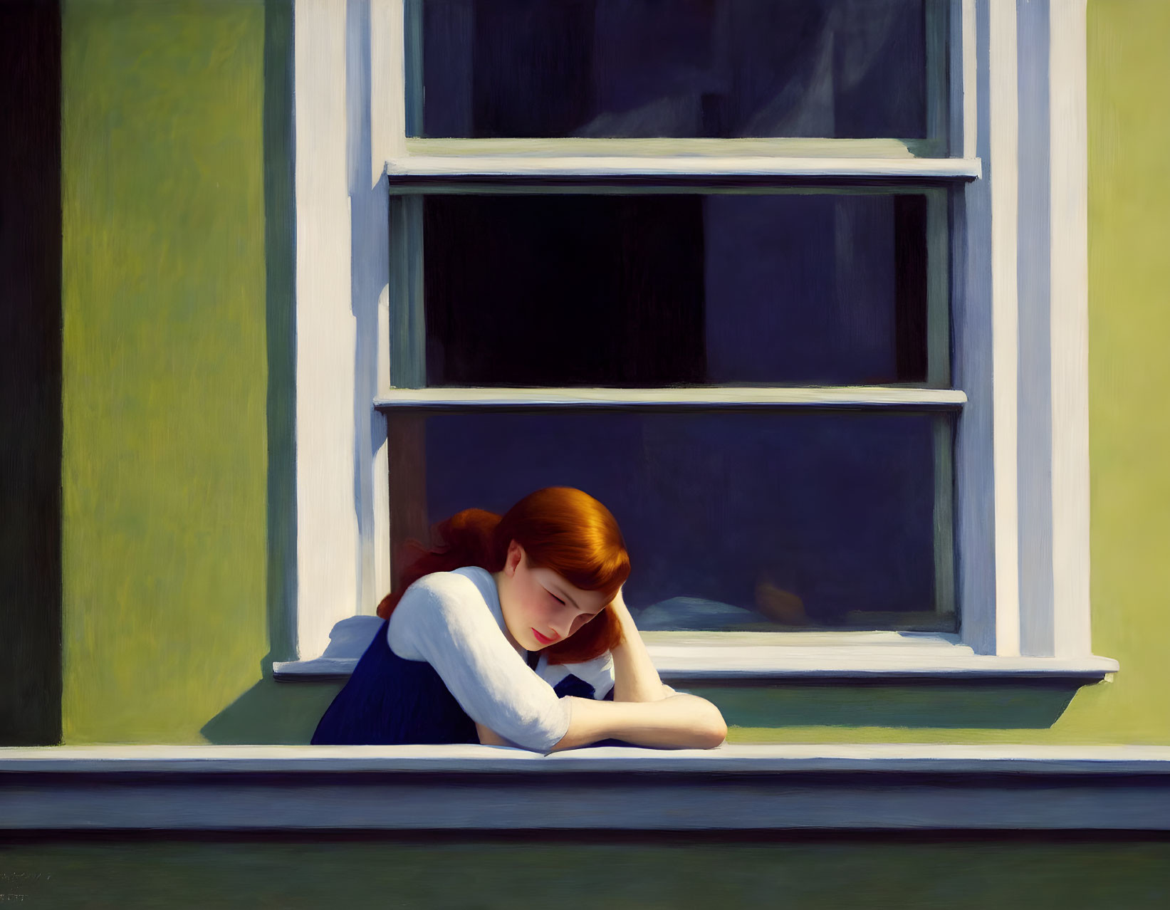 Auburn-Haired Woman Resting by Open Window in Painting