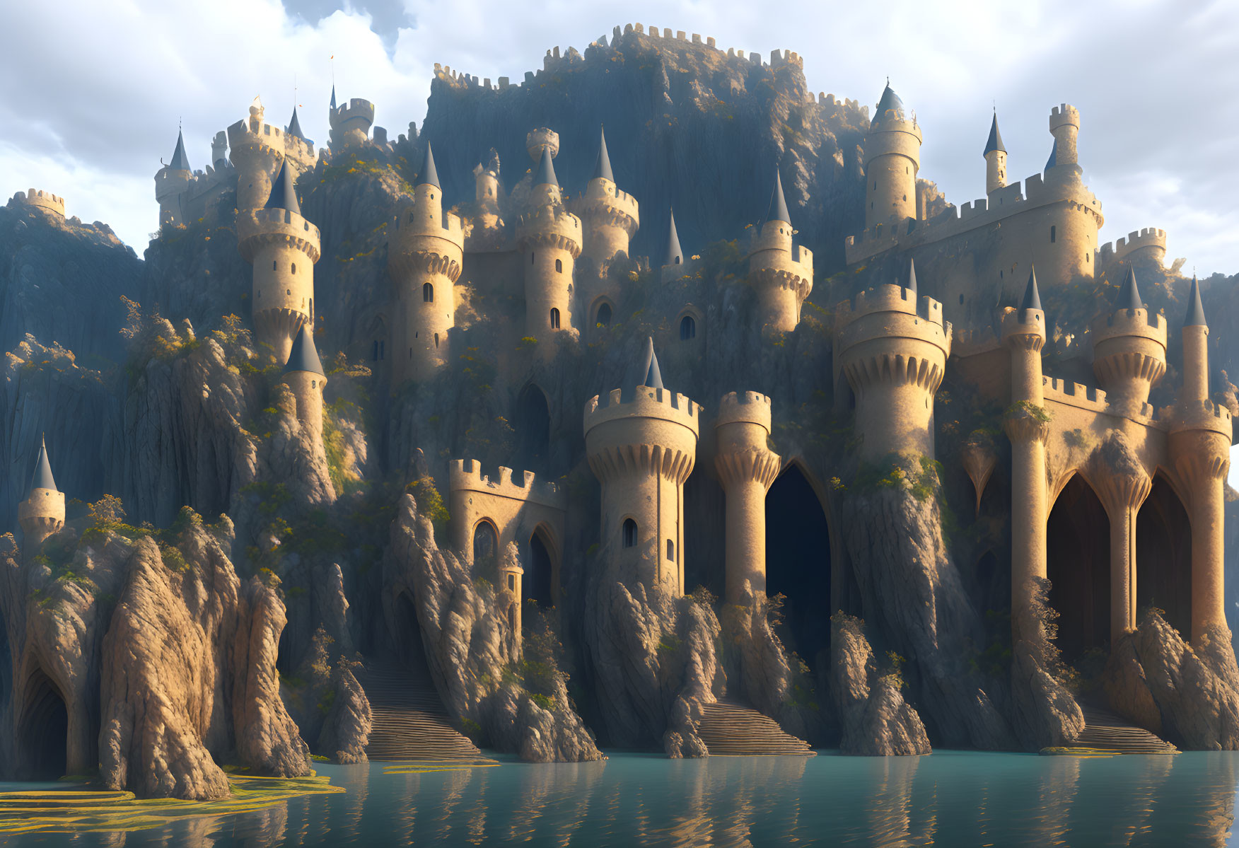 Fantasy castle with towers and archways on rugged cliffs at sunset